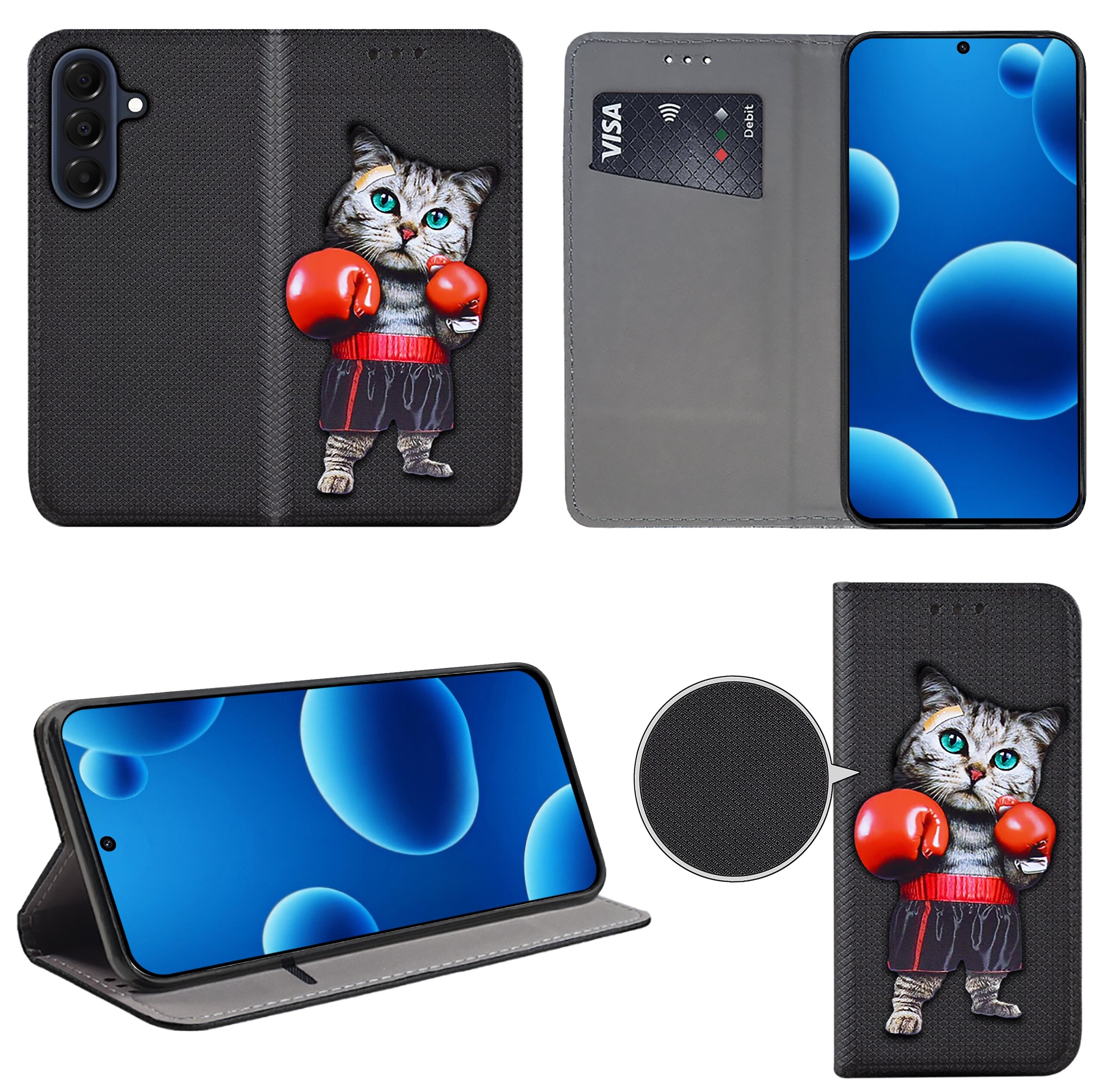 Etui na telefon z nadrukiem kota w czerwonych rękawicach bokserskich, wykonane z czarnego materiału. Wewnątrz znajduje się miejsce na kartę płatniczą z widocznym napisem \'VISA\'.