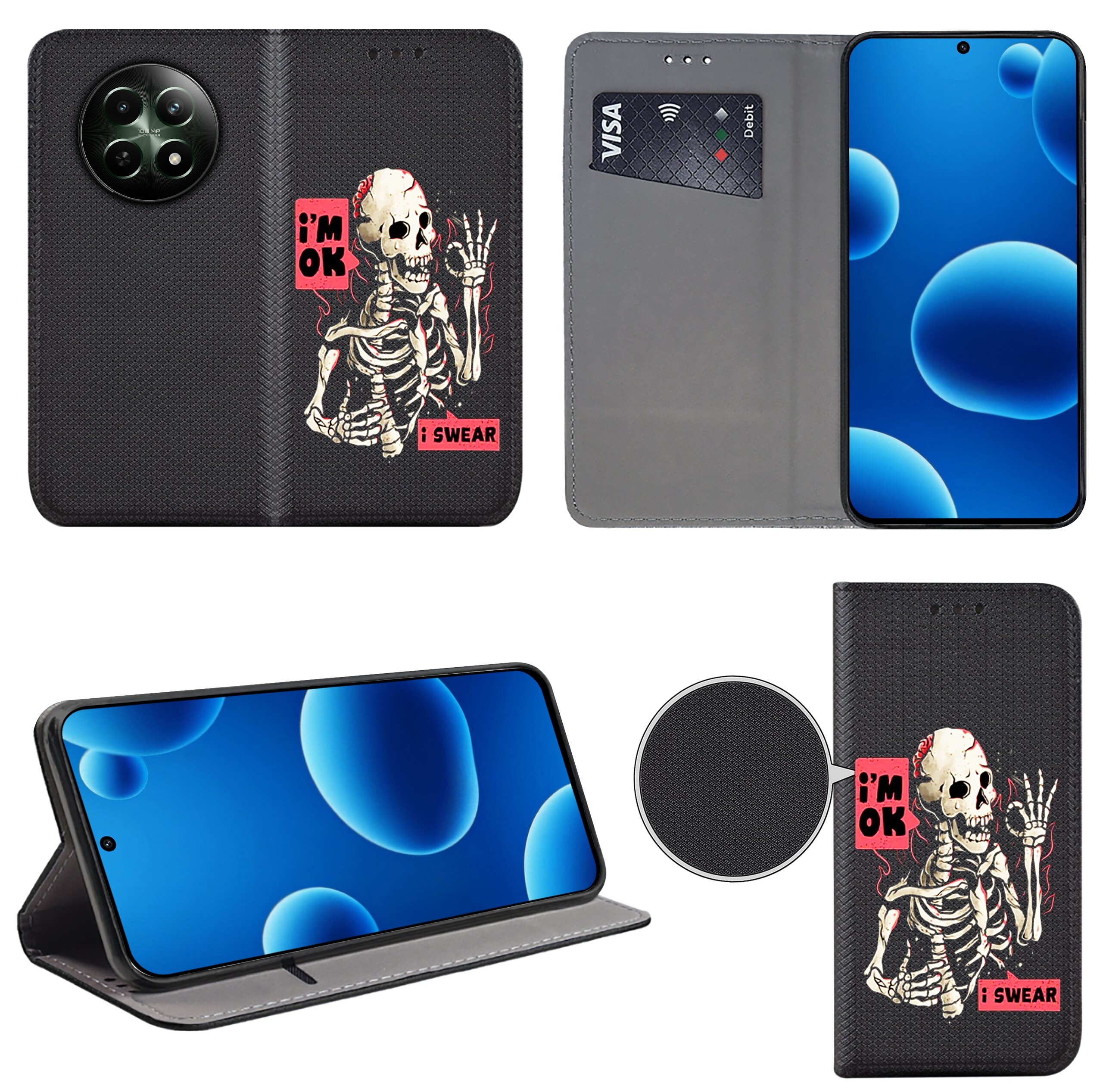 Etui do telefonu z nadrukiem szkieletu i napisami \'i\'m OK\' oraz \'i SWEAR\'. Wewnątrz znajduje się miejsce na kartę płatniczą z widocznym logo \'VISA\'.