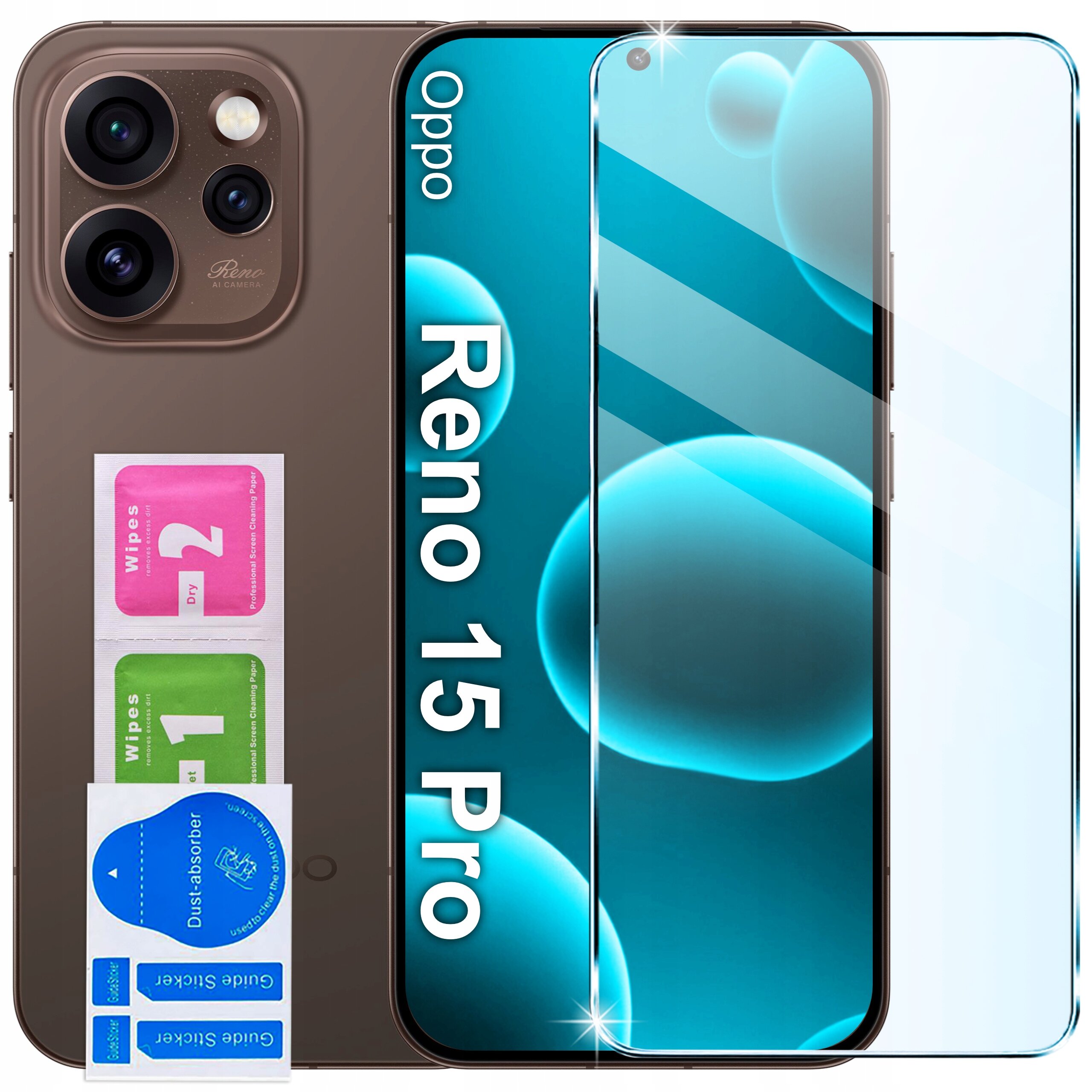 Na obrazie widoczny jest telefon Oppo Reno 15 Pro z trzema aparatami oraz szkło ochronne. Obok znajdują się dwie ściereczki do czyszczenia oznaczone jako \'Wipes 1\' i \'Wipes 2\' oraz naklejki \'Dust-absorber\'.