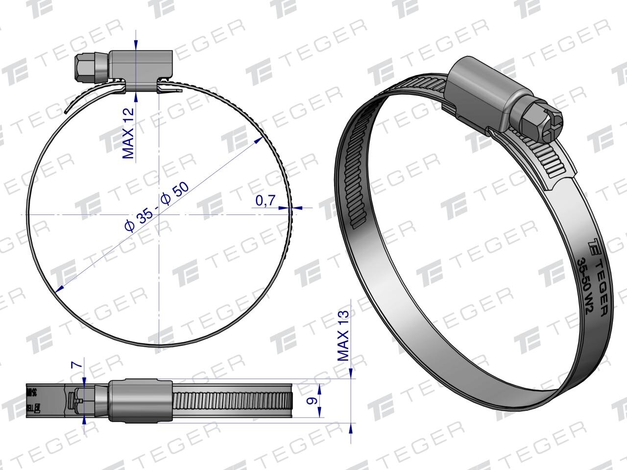 Rysunek techniczny opaski zaciskowej z oznaczeniami wymiarów: średnica 20-32 mm, szerokość 9 mm. Widoczne logo TEGER oraz oznaczenie 20-32 W2.