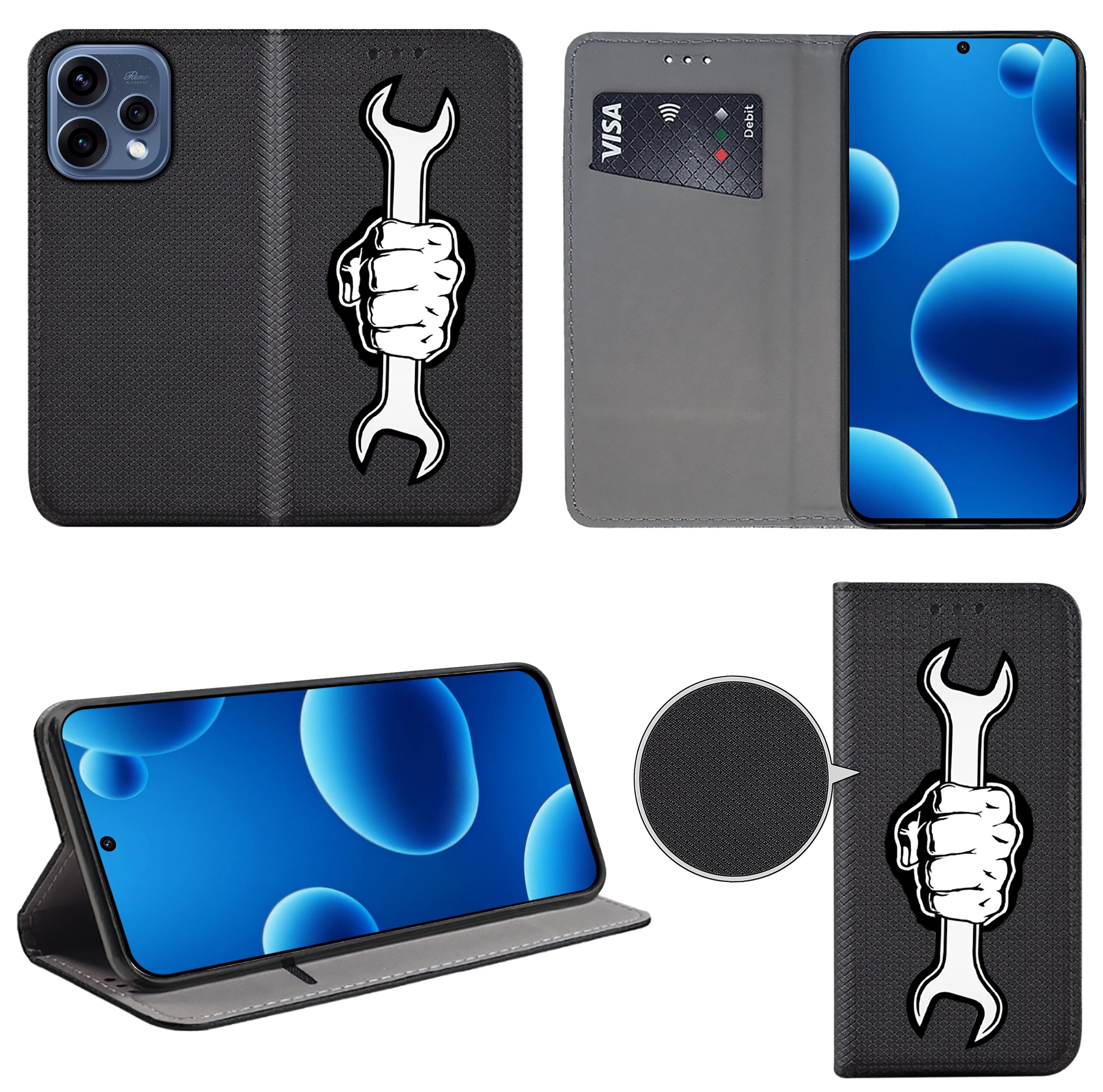 Etui na telefon z czarnym wzorem przedstawiającym rękę trzymającą klucz. Wewnątrz etui znajduje się miejsce na karty płatnicze oraz telefon z niebieskim ekranem z bąbelkami.