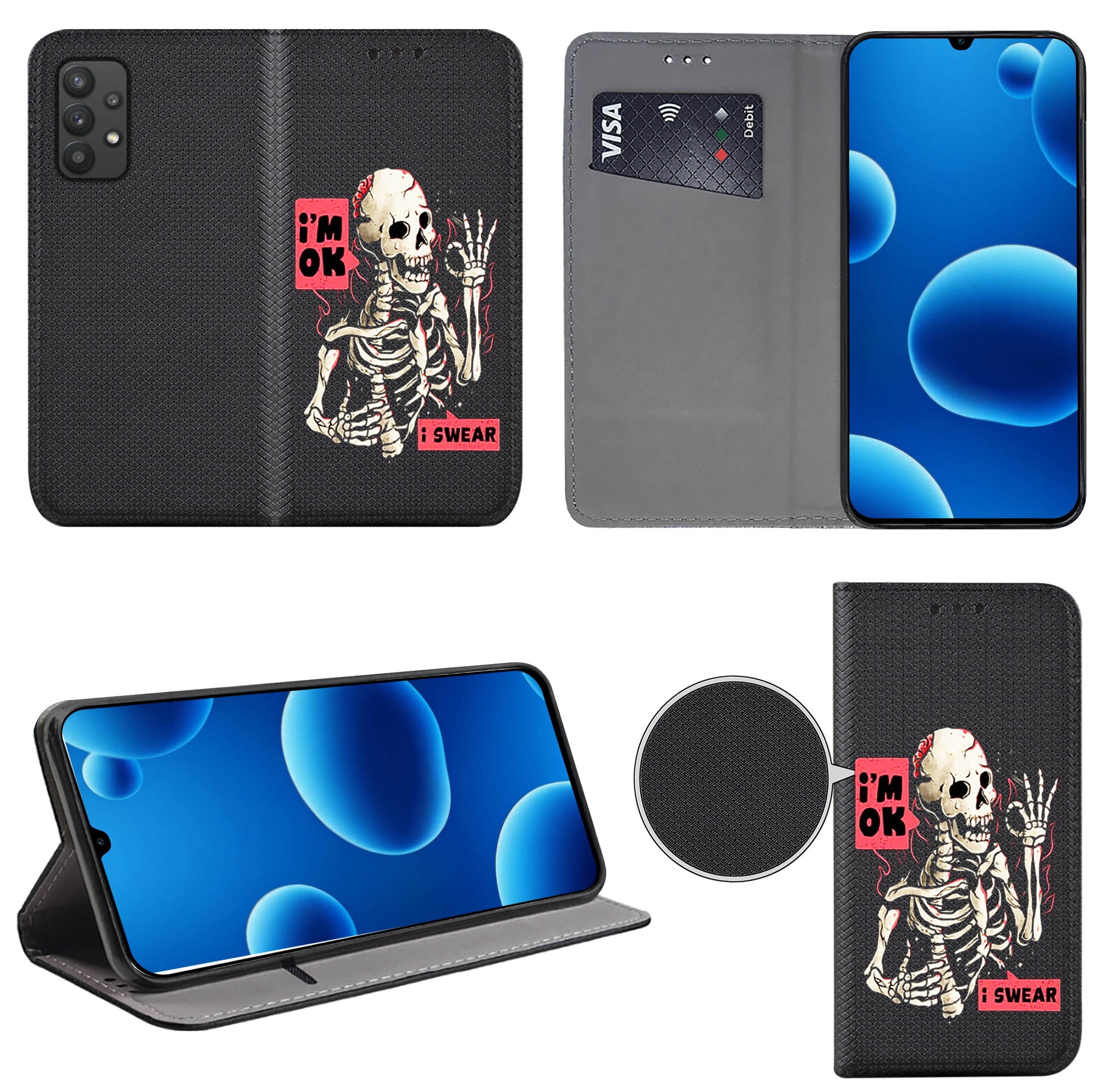 Etui na telefon z nadrukiem szkieletu i napisami \'i\'m OK\' oraz \'i SWEAR\'. Wewnątrz znajduje się miejsce na kartę płatniczą, a etui może pełnić funkcję podstawki.