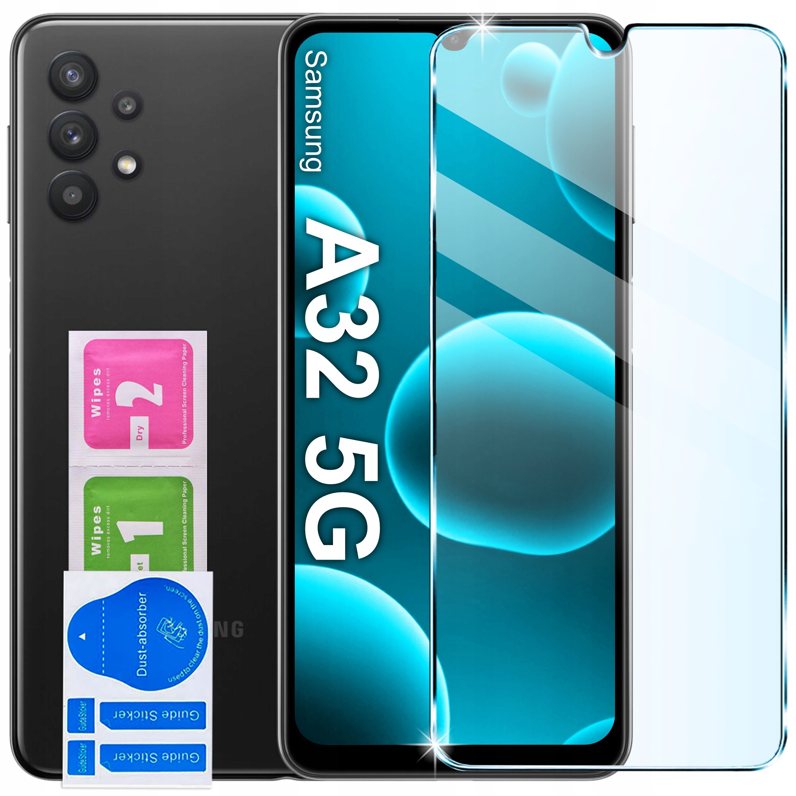 Na obrazie widoczny jest telefon Samsung A32 5G z nałożonym szkłem ochronnym. Obok znajdują się dwie ściereczki do czyszczenia oznaczone jako \'Wipes 1\' i \'Wipes 2\' oraz naklejki \'Dust-absorber\'.
