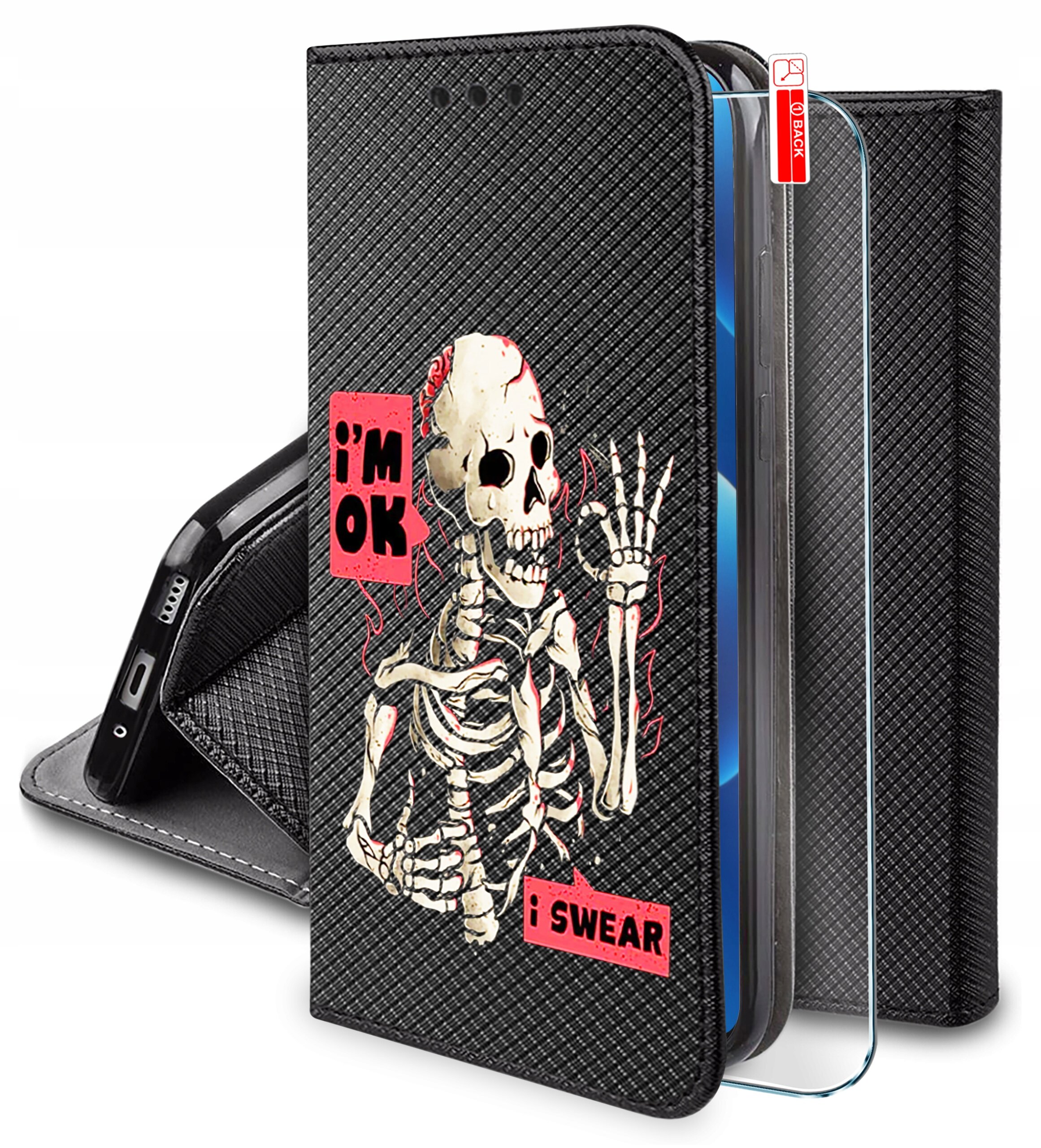 Etui na telefon z czarnym wzorem i grafiką szkieletu z napisami \'i\'m OK\' oraz \'i SWEAR\'. Obok etui znajduje się szkło ochronne z oznaczeniem \'0.3 BLACK\'.