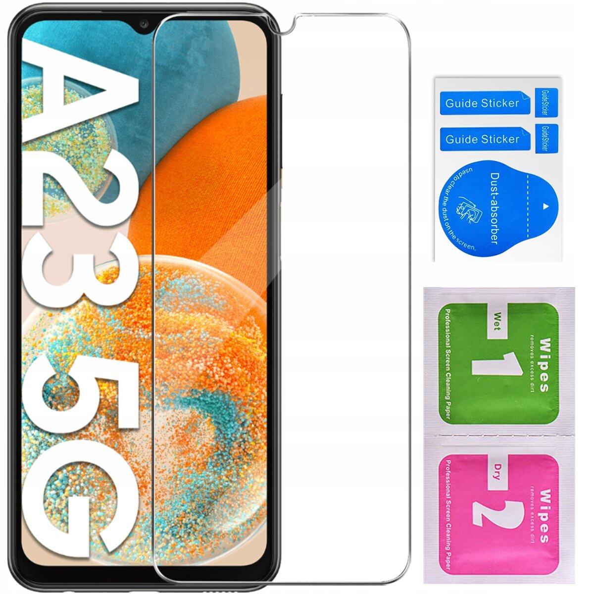 Na obrazie widoczny jest telefon z nałożonym szkłem ochronnym, obok znajdują się naklejki \'Guide Sticker\' i \'Dust-absorber\' oraz dwie chusteczki do czyszczenia ekranu oznaczone jako \'Wet 1\' i \'Dry 2\'.