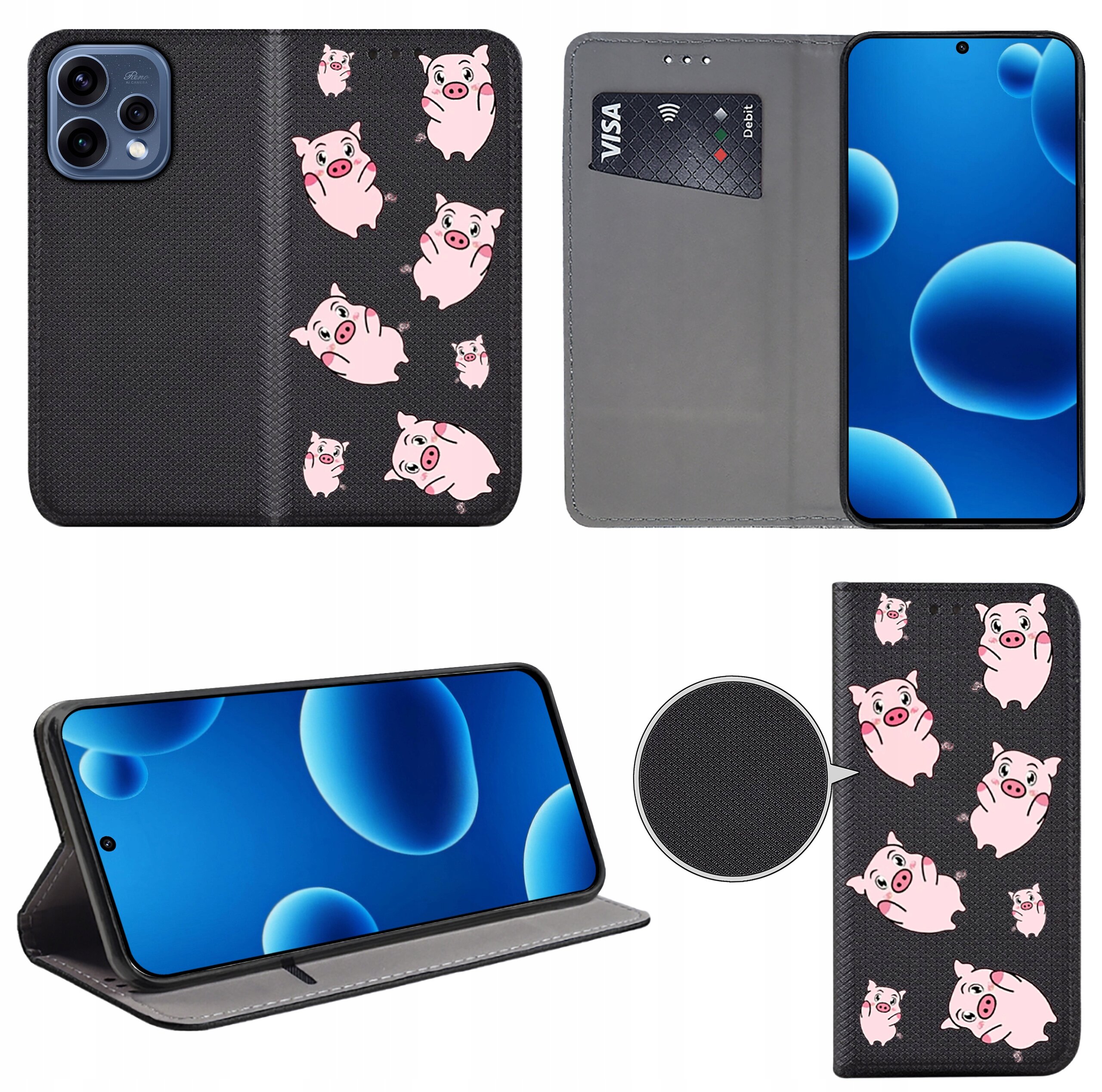 Etui na telefon z czarnym tłem ozdobione różowymi świnkami, z miejscem na kartę płatniczą z napisem \'VISA debit\'. Telefon w etui wyświetla niebieski ekran z okrągłymi kształtami.