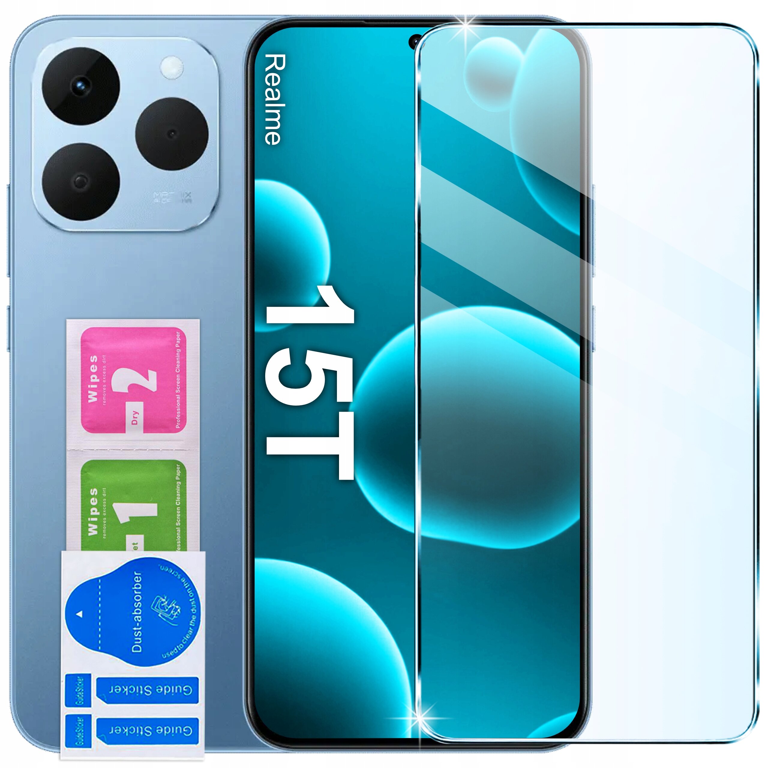 Na obrazie widoczny jest telefon Realme 15T z nałożonym szkłem ochronnym oraz zestawem ściereczek do czyszczenia oznaczonych jako \'Wipes 1\' i \'Wipes 2\'.