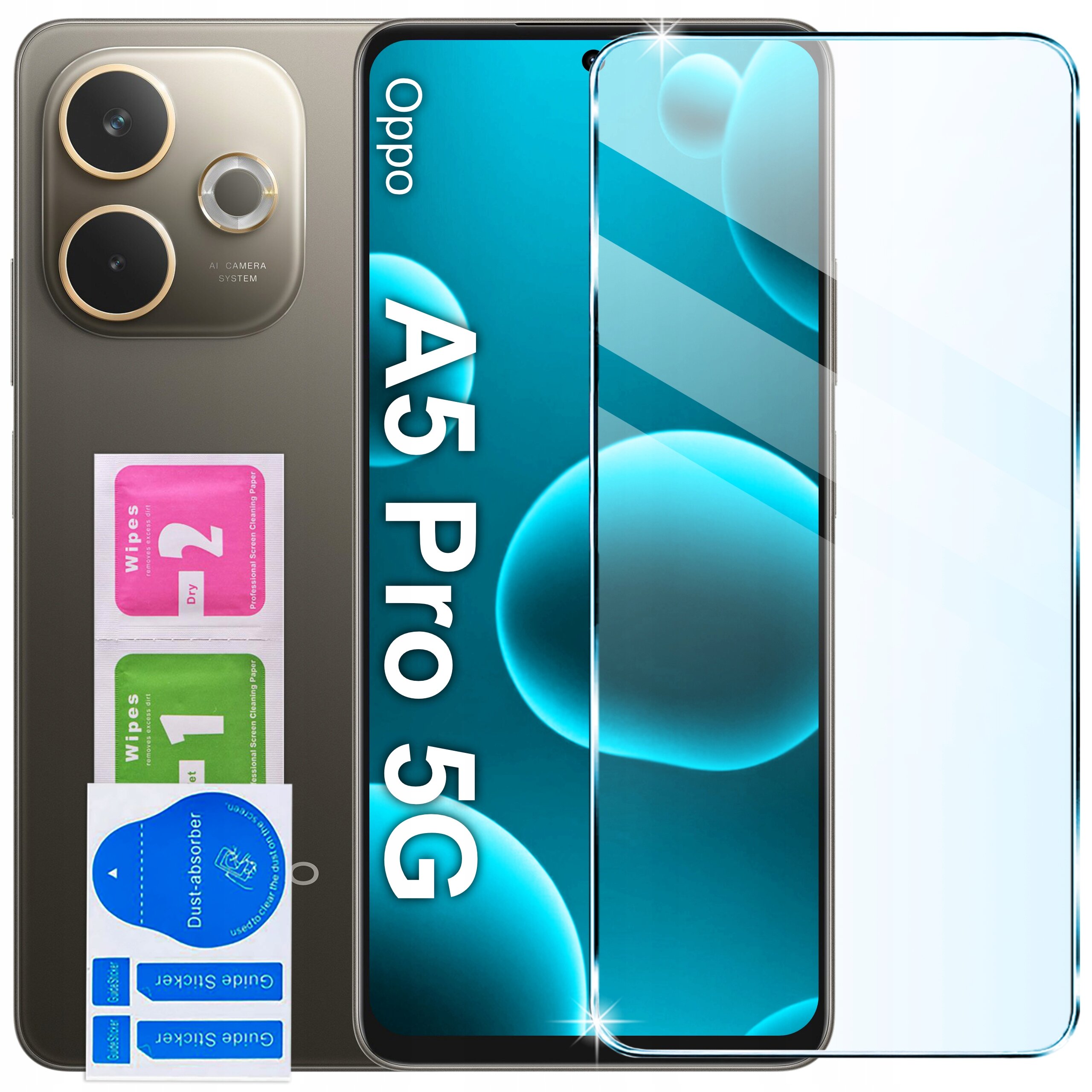 Na obrazie widoczny jest telefon Oppo A5 Pro 5G z nałożonym szkłem ochronnym. Obok znajdują się dwie ściereczki do czyszczenia oznaczone jako \'Wipes 1 Wet\' i \'Wipes 2 Dry\' oraz naklejki \'Dust-absorber\' i \'Guide sticker\'.