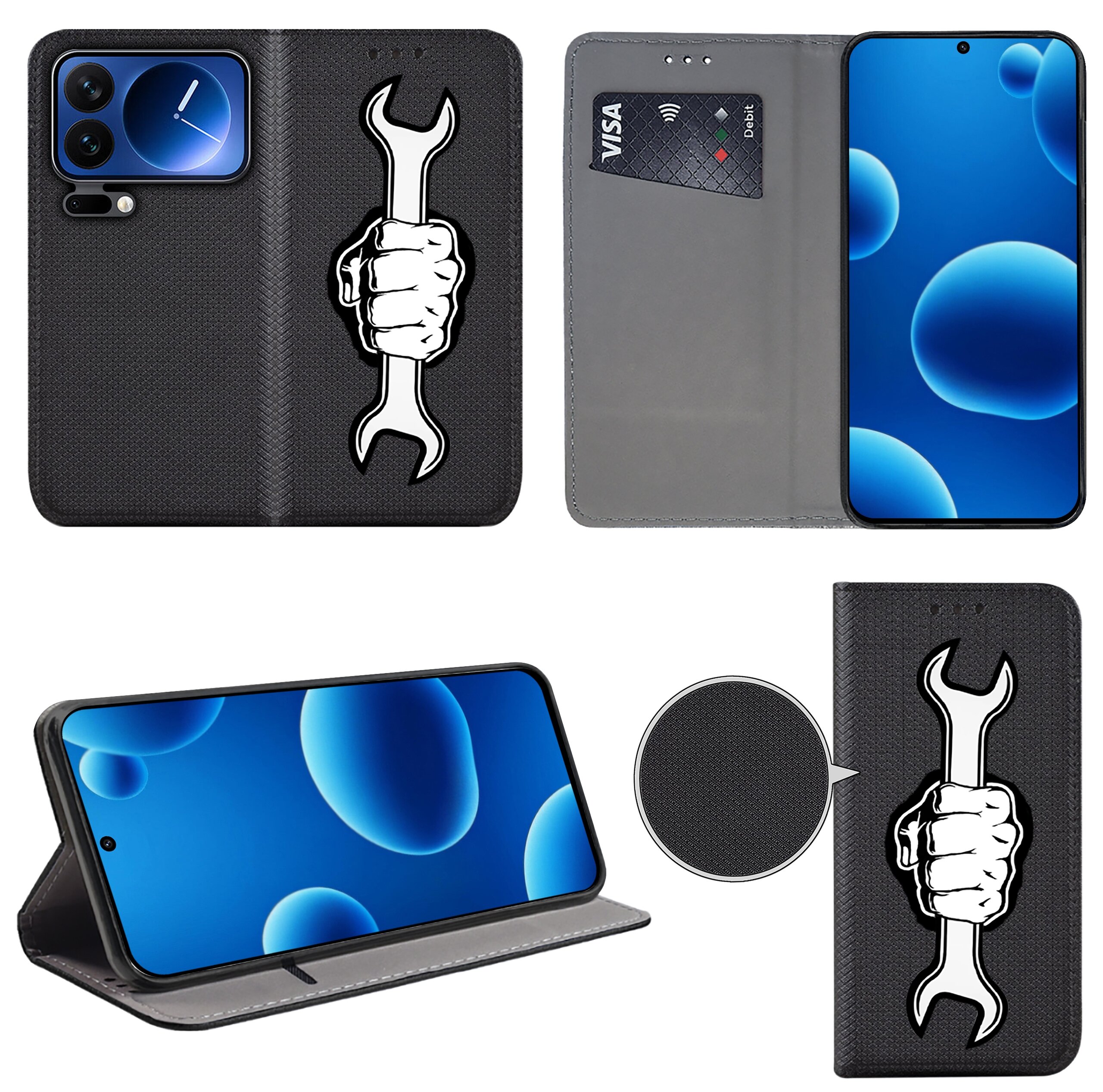 Etui na telefon z czarnym wzorem przedstawiającym rękę trzymającą klucz. Wewnątrz znajduje się miejsce na karty płatnicze oraz telefon z niebieskim ekranem.