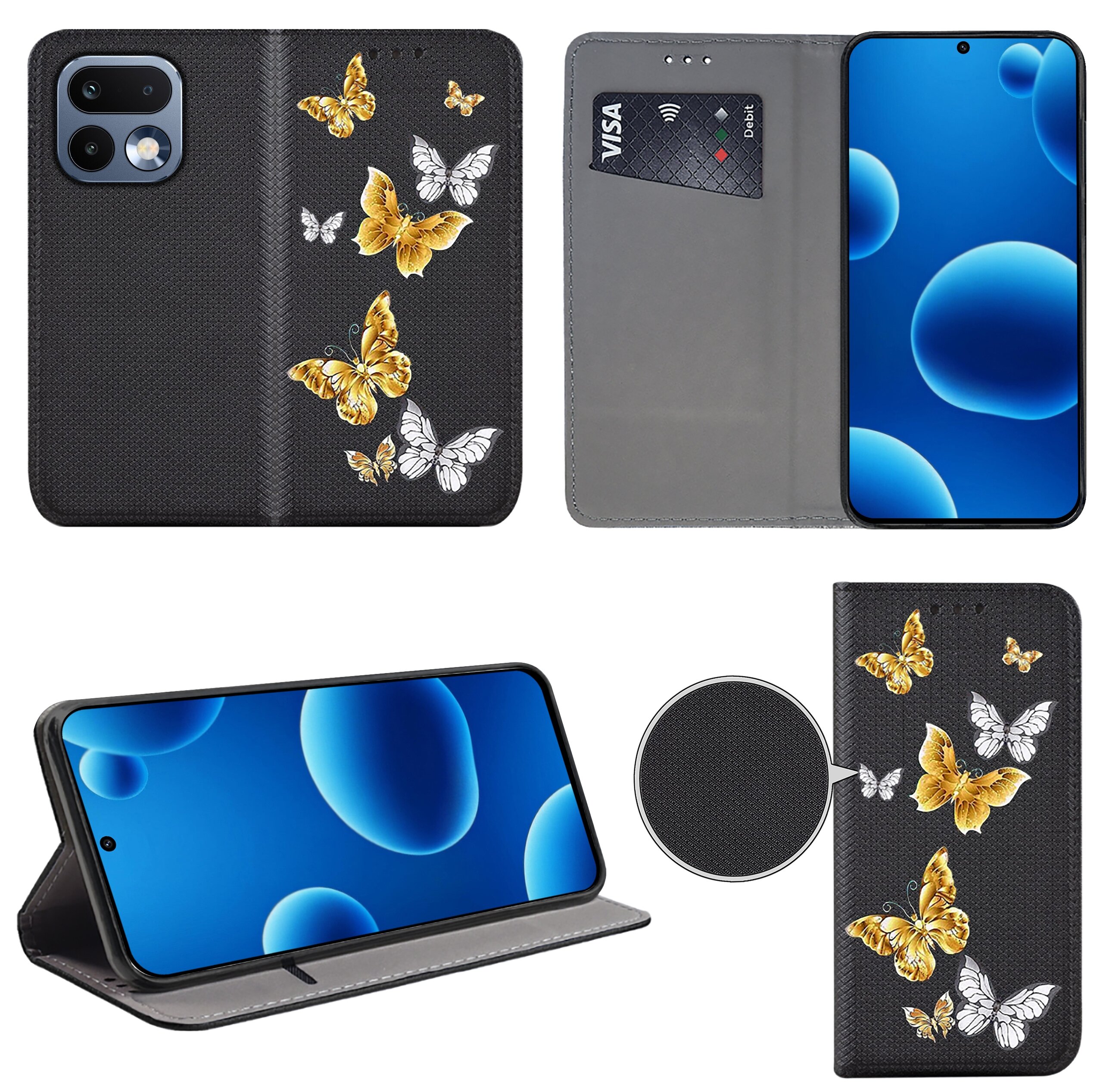 Etui na telefon z motywem złotych i białych motyli na czarnym tle, z funkcją portfela i miejscem na kartę. Wewnątrz znajduje się miejsce na telefon z wyświetlaczem pokazującym niebieskie bąbelki.