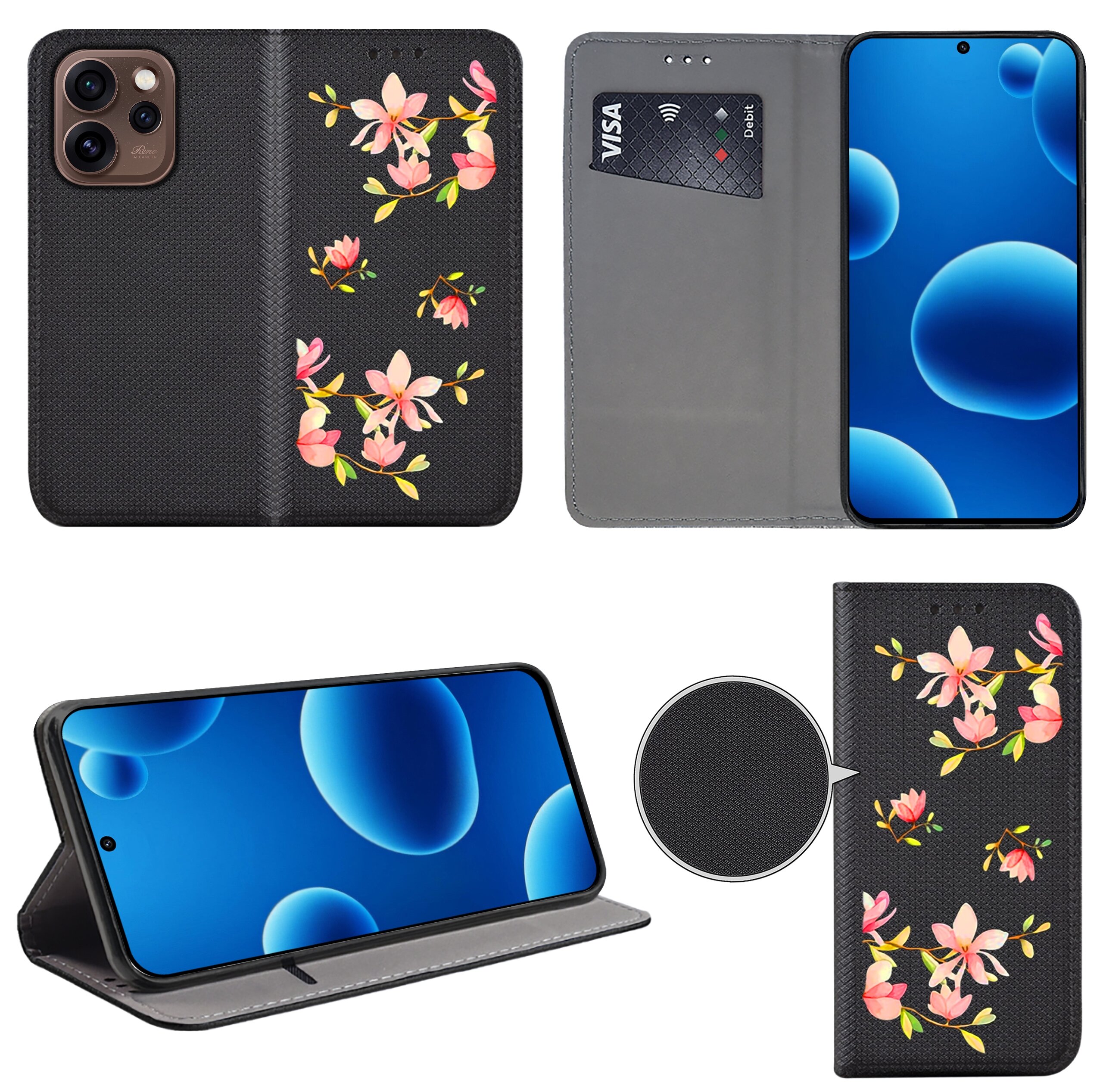 Etui do telefonu z czarnym tłem i wzorem kwiatowym, z funkcją portfela i miejscem na kartę płatniczą. Obok etui znajduje się telefon z niebieskim ekranem z bąbelkami.