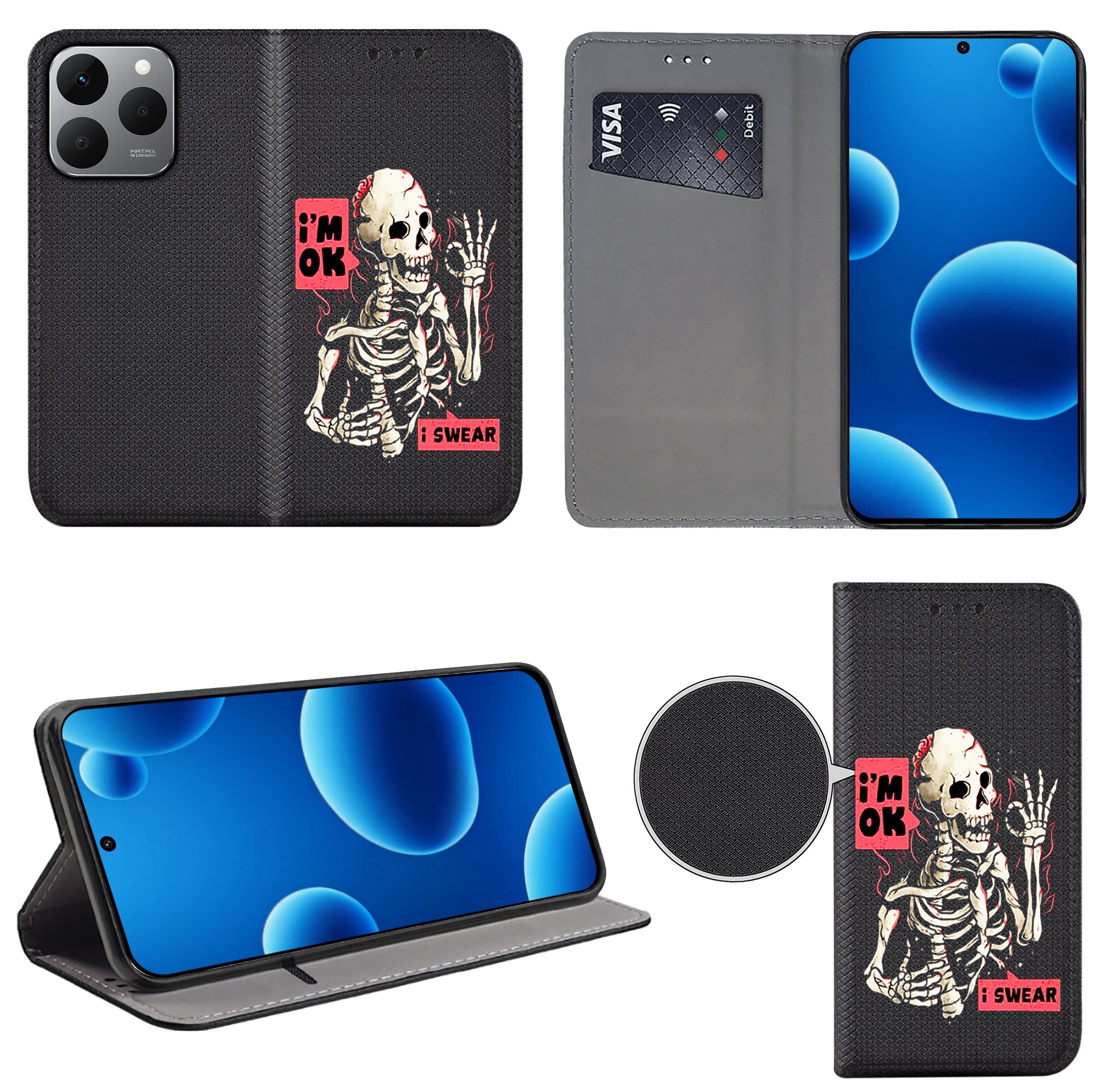 Etui na telefon z nadrukiem szkieletu i napisami \'i\'m OK\' oraz \'i SWEAR\'. Wewnątrz znajduje się miejsce na kartę płatniczą z widocznym napisem \'VISA\'.