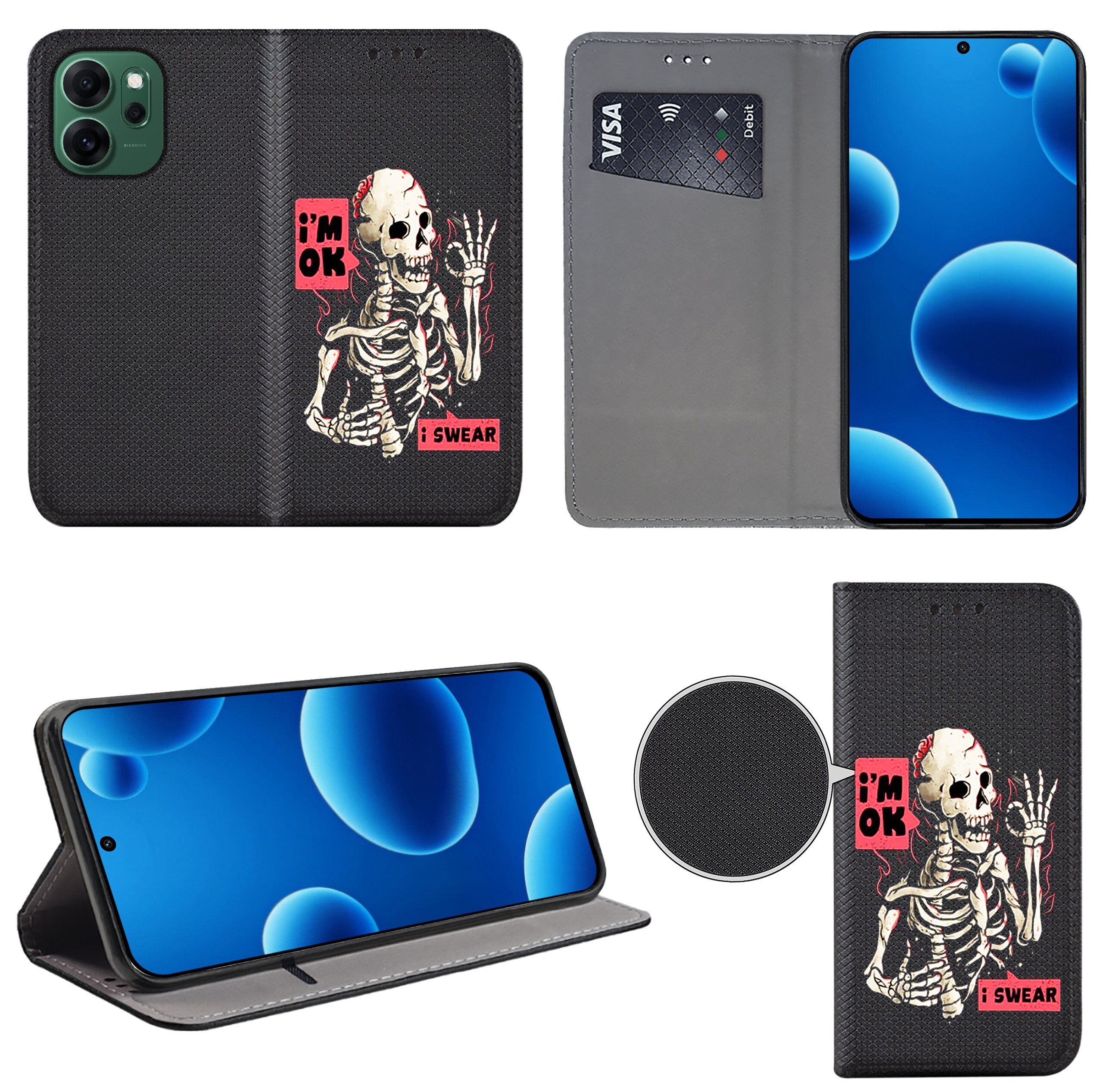 Etui na telefon z nadrukiem szkieletu i napisami \'i\'m OK\' oraz \'i SWEAR\'. Wewnątrz znajduje się miejsce na kartę płatniczą z widocznym logo \'VISA\'.