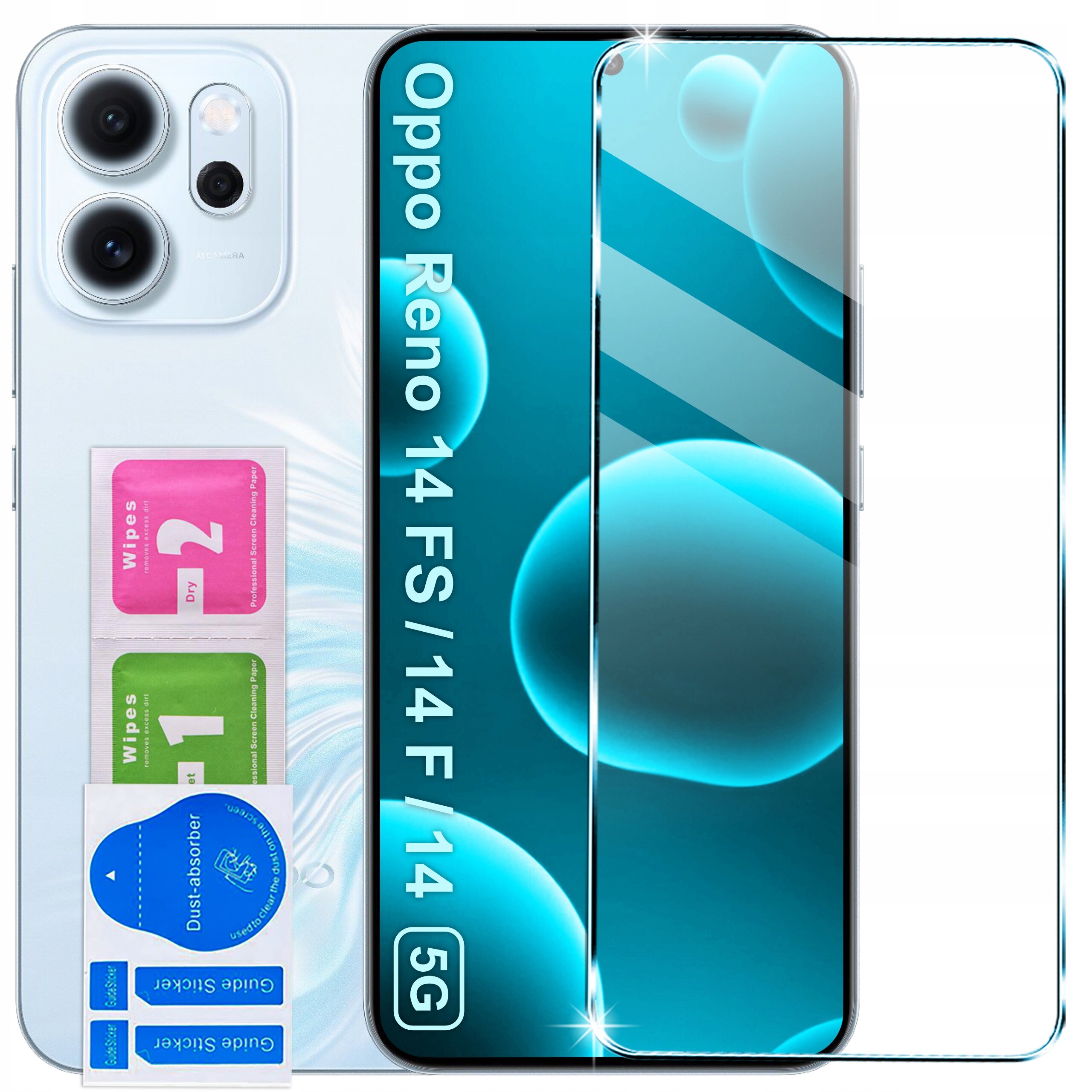 Na obrazie widoczne jest etui do telefonu Oppo Reno 14 FS/14 F/14 5G oraz szkło ochronne 9H. Obok znajdują się trzy ściereczki do czyszczenia oznaczone jako \'Wipes 1\' i \'Wipes 2\' oraz naklejka \'Dust-absorber\'.