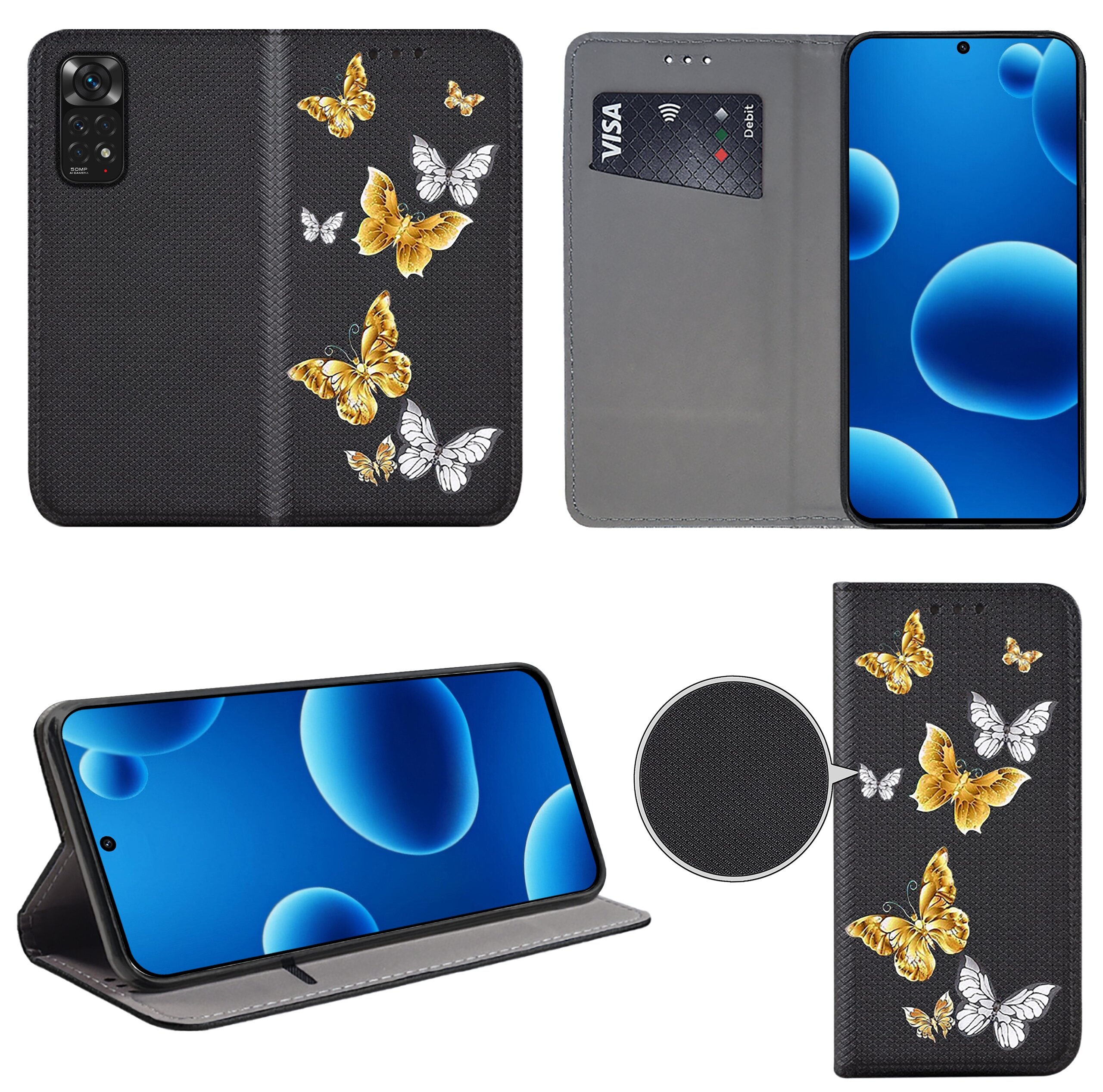 Etui do telefonu z motywem złotych i białych motyli na czarnym tle, z funkcją portfela i miejscem na kartę płatniczą. Telefon w etui wyświetla niebieski ekran z okrągłymi kształtami.