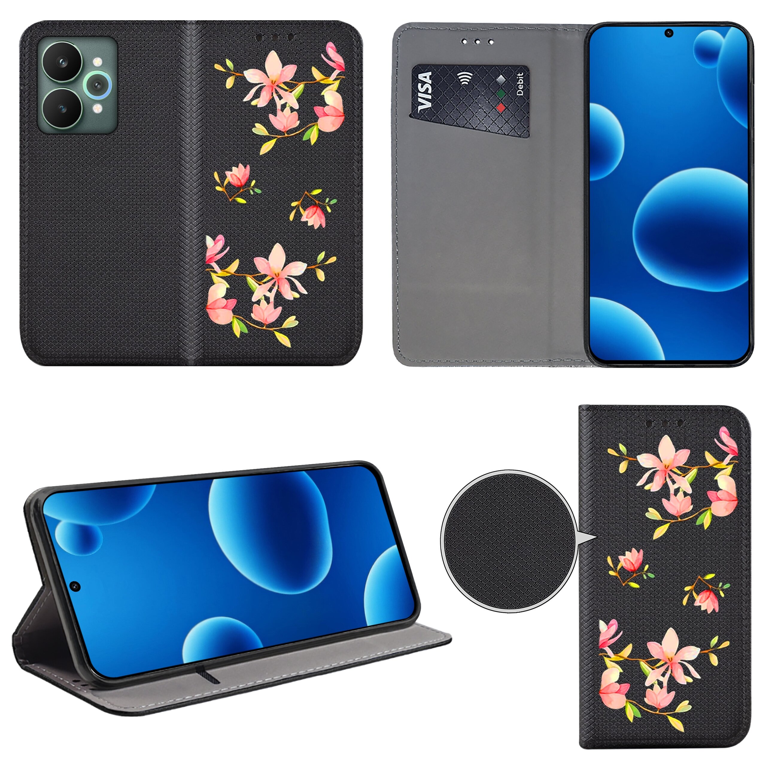 Etui na telefon z motywem kwiatowym, posiada miejsce na kartę płatniczą z widocznym napisem \'VISA\'. Telefon w etui wyświetla niebieski ekran z okrągłymi kształtami.