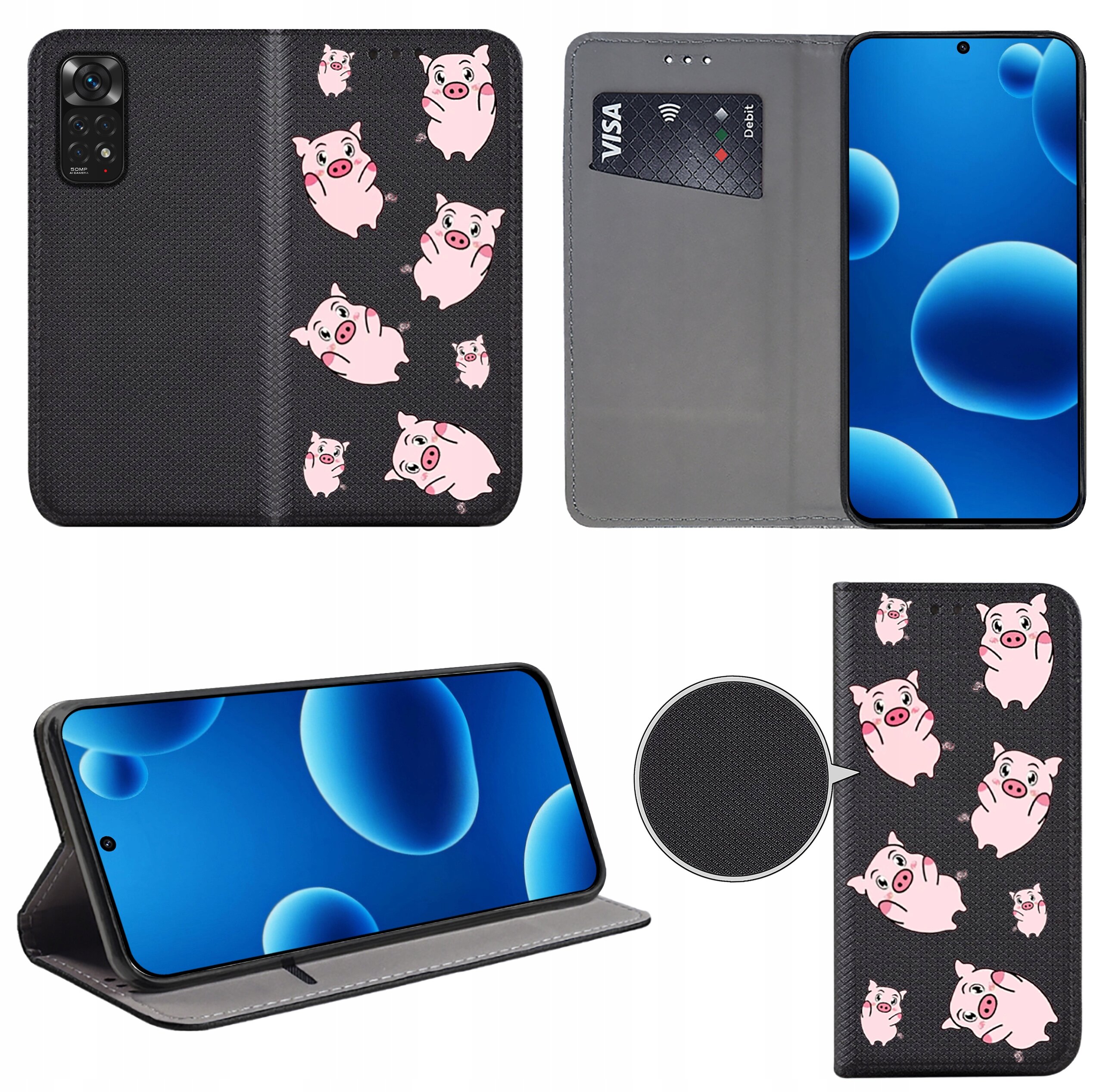 Etui na telefon z czarnym tłem ozdobione różowymi świnkami, posiada miejsce na kartę płatniczą z napisem \'VISA\'. Telefon w etui wyświetla niebieski ekran z okrągłymi kształtami.