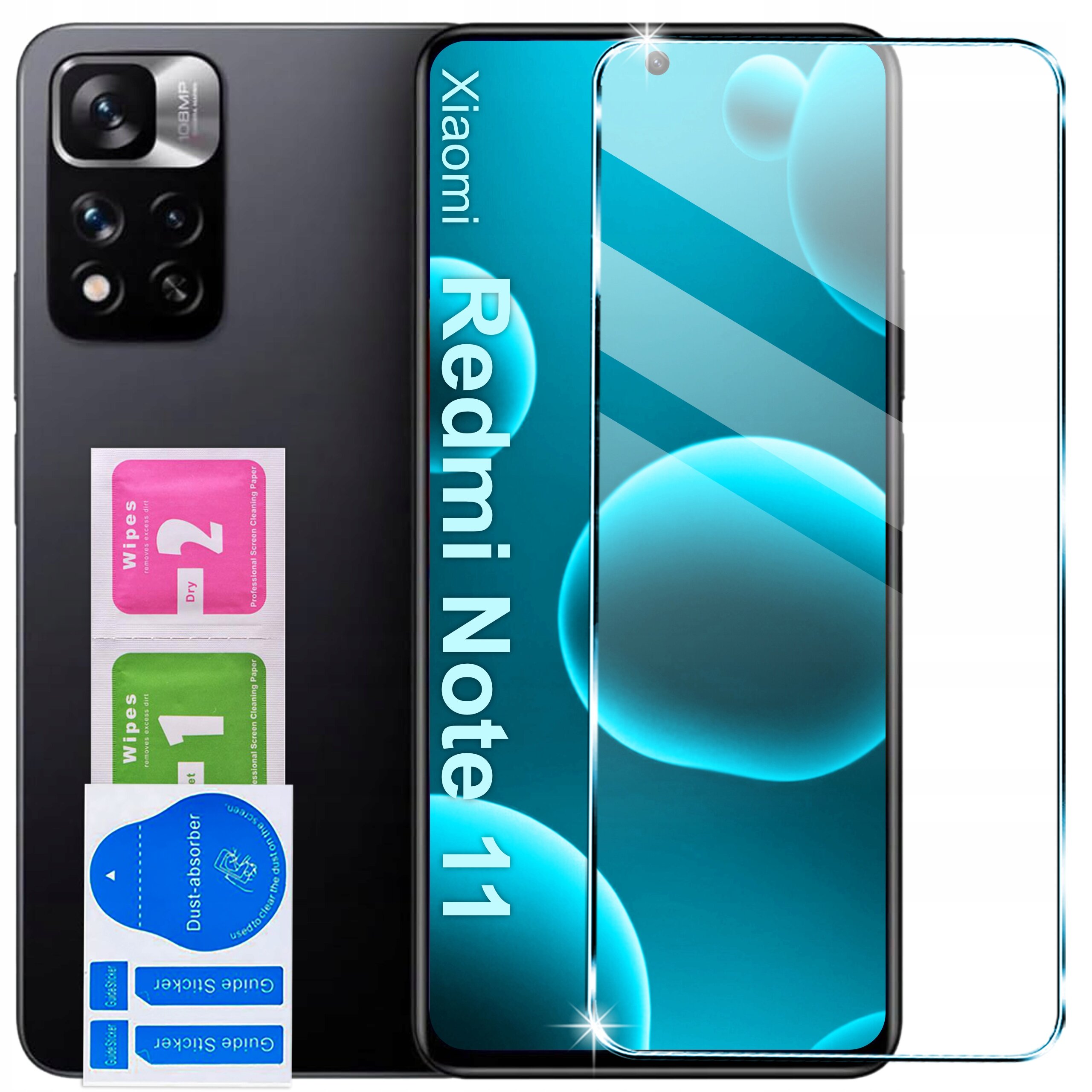 Na obrazie widoczny jest telefon z napisem \'Xiaomi Redmi Note 11\' oraz zestaw akcesoriów do czyszczenia ekranu oznaczonych jako \'Wipes 1\' i \'Wipes 2\'. Obok telefonu znajduje się przezroczyste szkło ochronne.