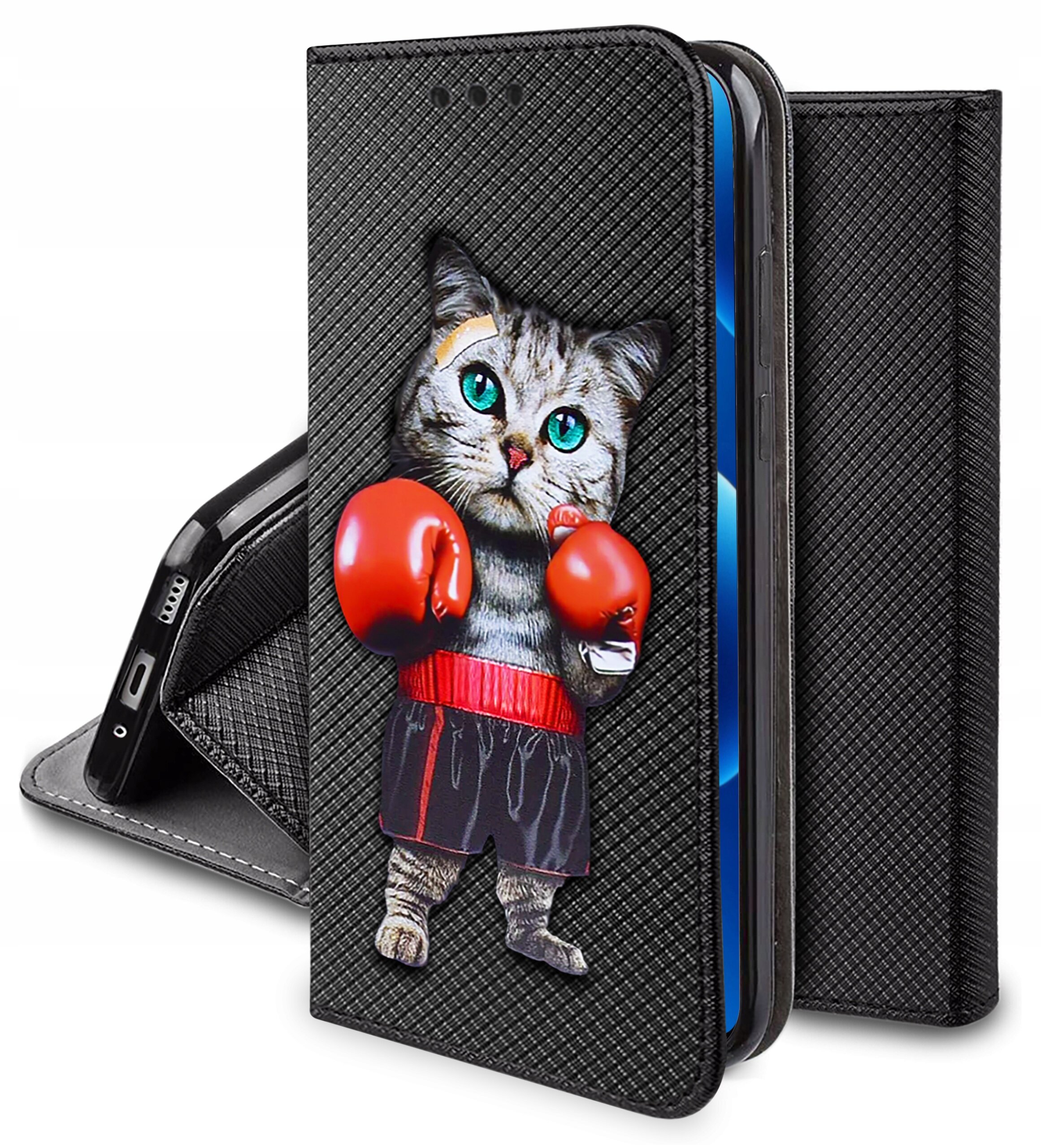 Etui na telefon z czarnym wzorem, na którym znajduje się grafika kota w czerwonych rękawicach bokserskich i czarnych spodenkach. Etui jest otwarte, ukazując miejsce na telefon.