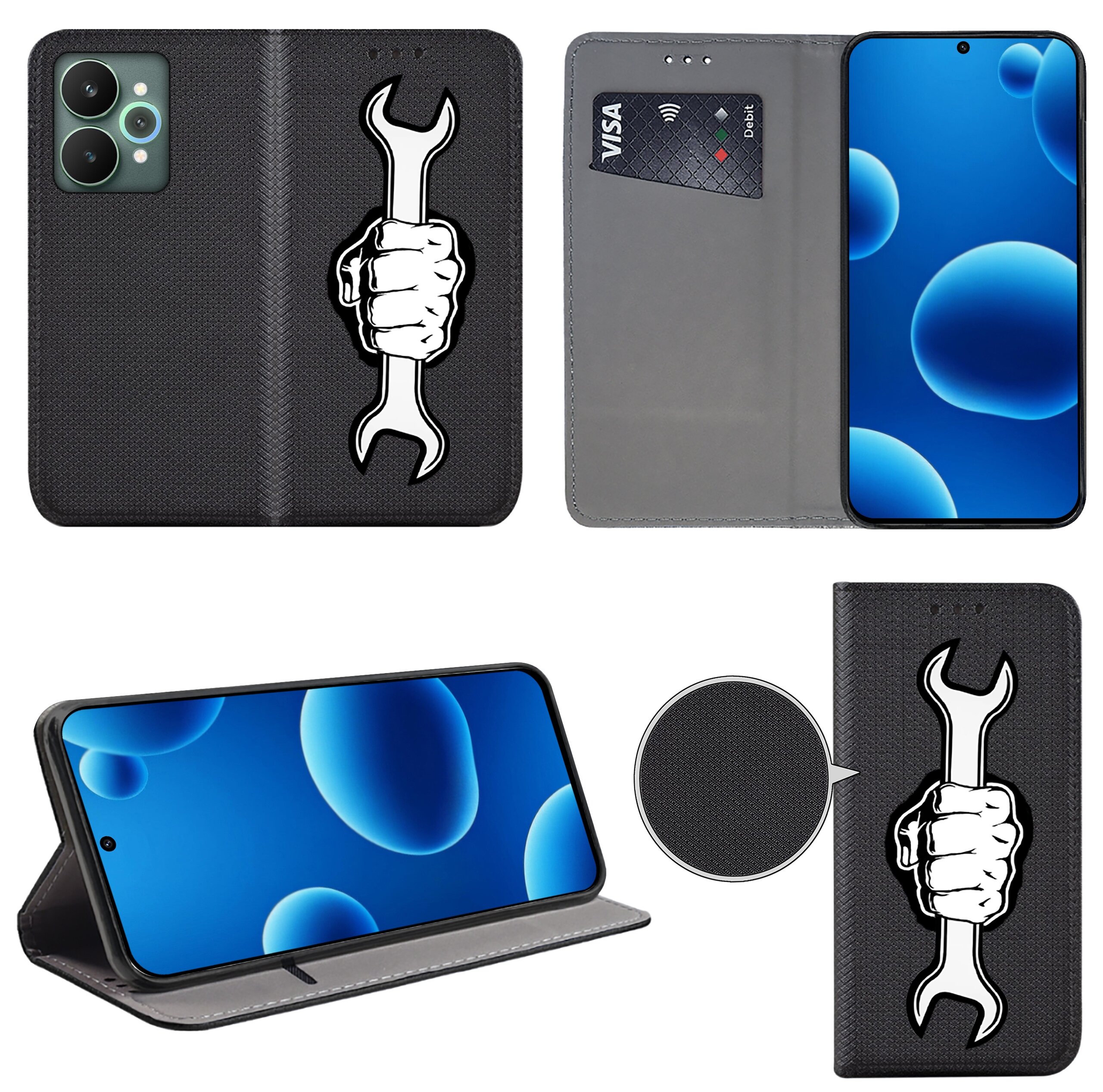 Etui na telefon z czarnym wzorem przedstawiającym rękę trzymającą klucz. Wewnątrz znajduje się miejsce na karty płatnicze oraz telefon z niebieskim ekranem z bąbelkami.