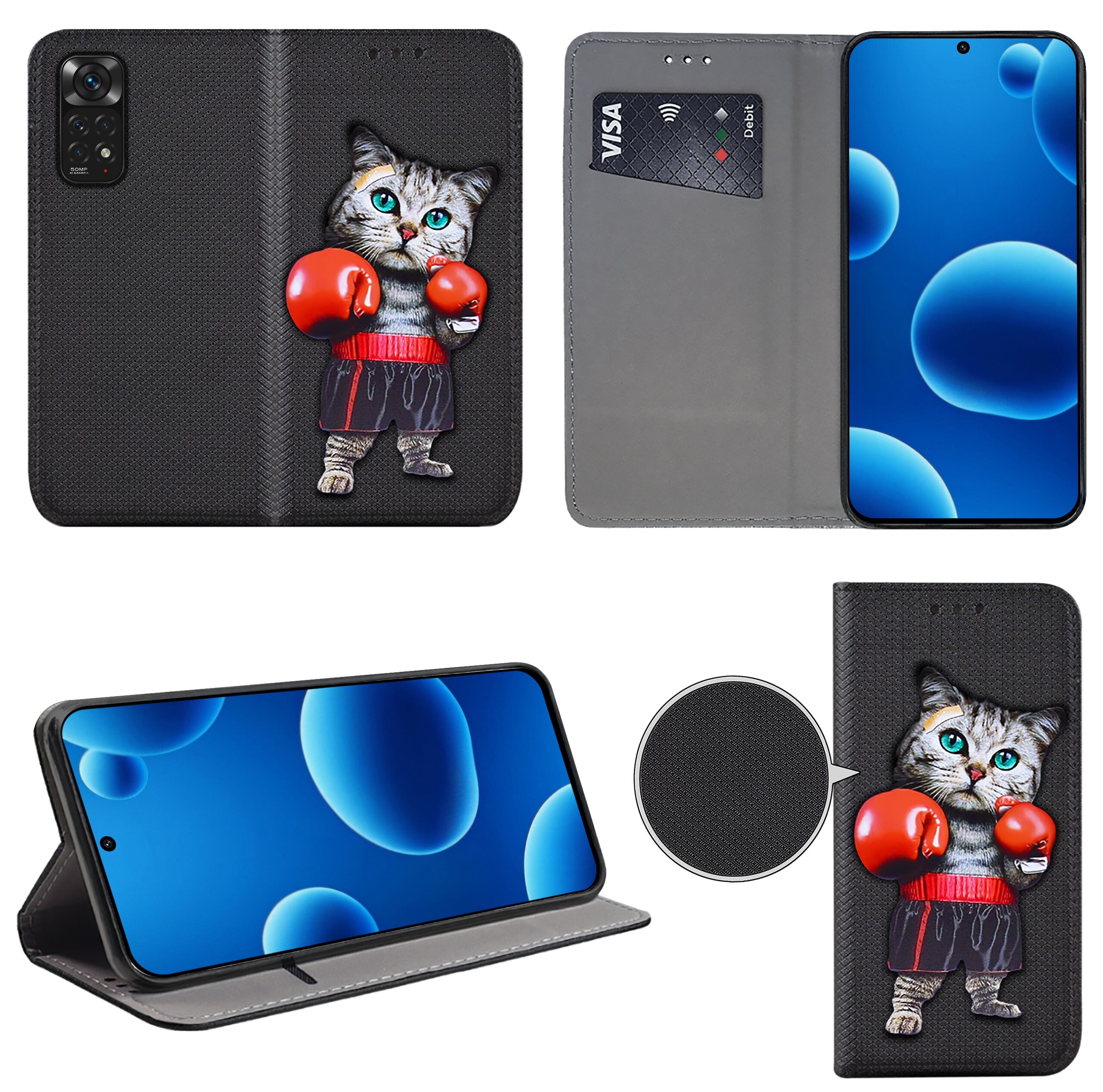 Etui na telefon z nadrukiem kota w czerwonych rękawicach bokserskich, posiada miejsce na kartę płatniczą. Telefon w etui wyświetla niebieski ekran z bąbelkami.