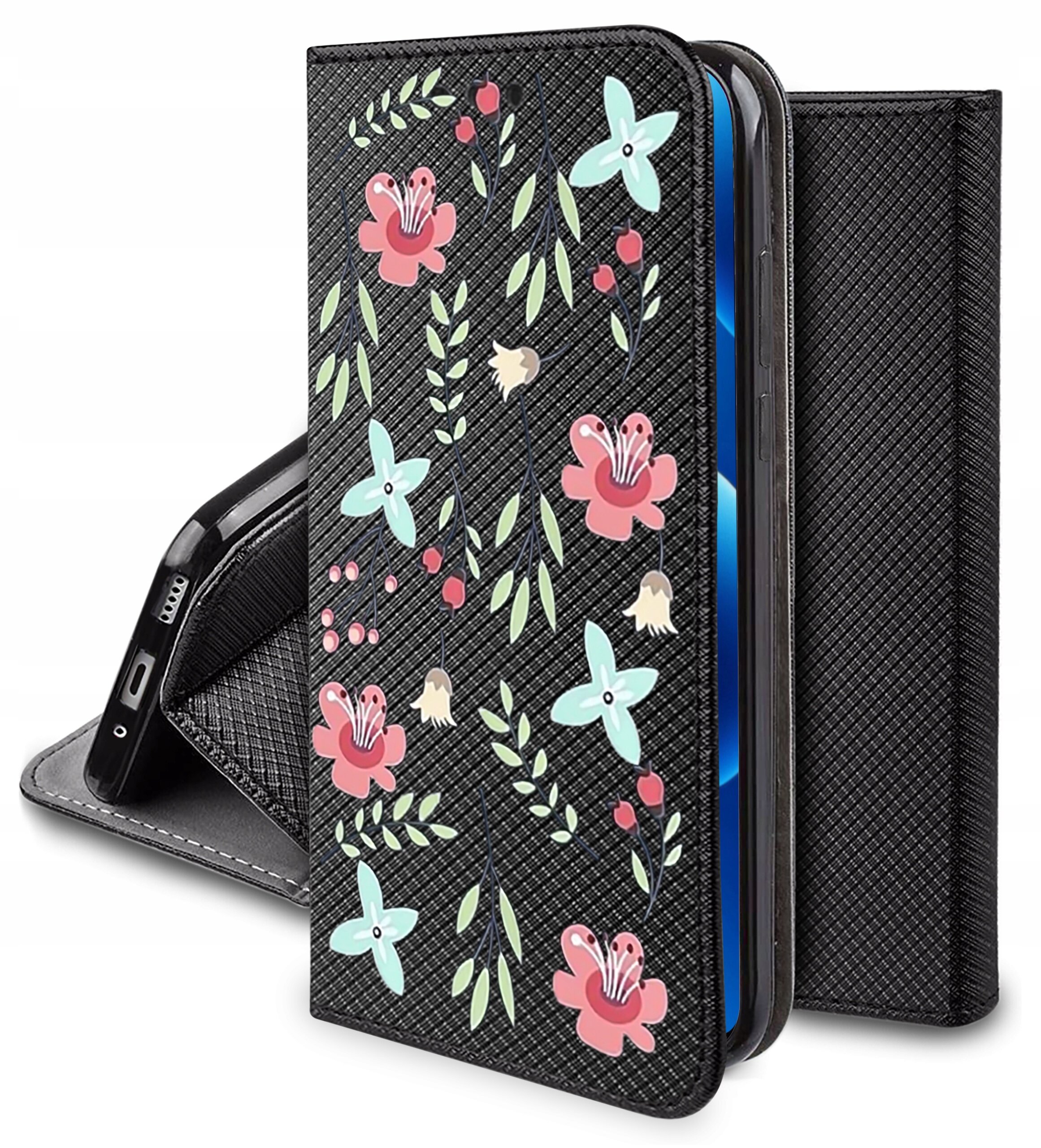 Etui na telefon z czarnym tłem ozdobione kolorowymi kwiatami i liśćmi. Etui ma funkcję portfela i jest otwarte, ukazując wnętrze z miejscem na telefon.