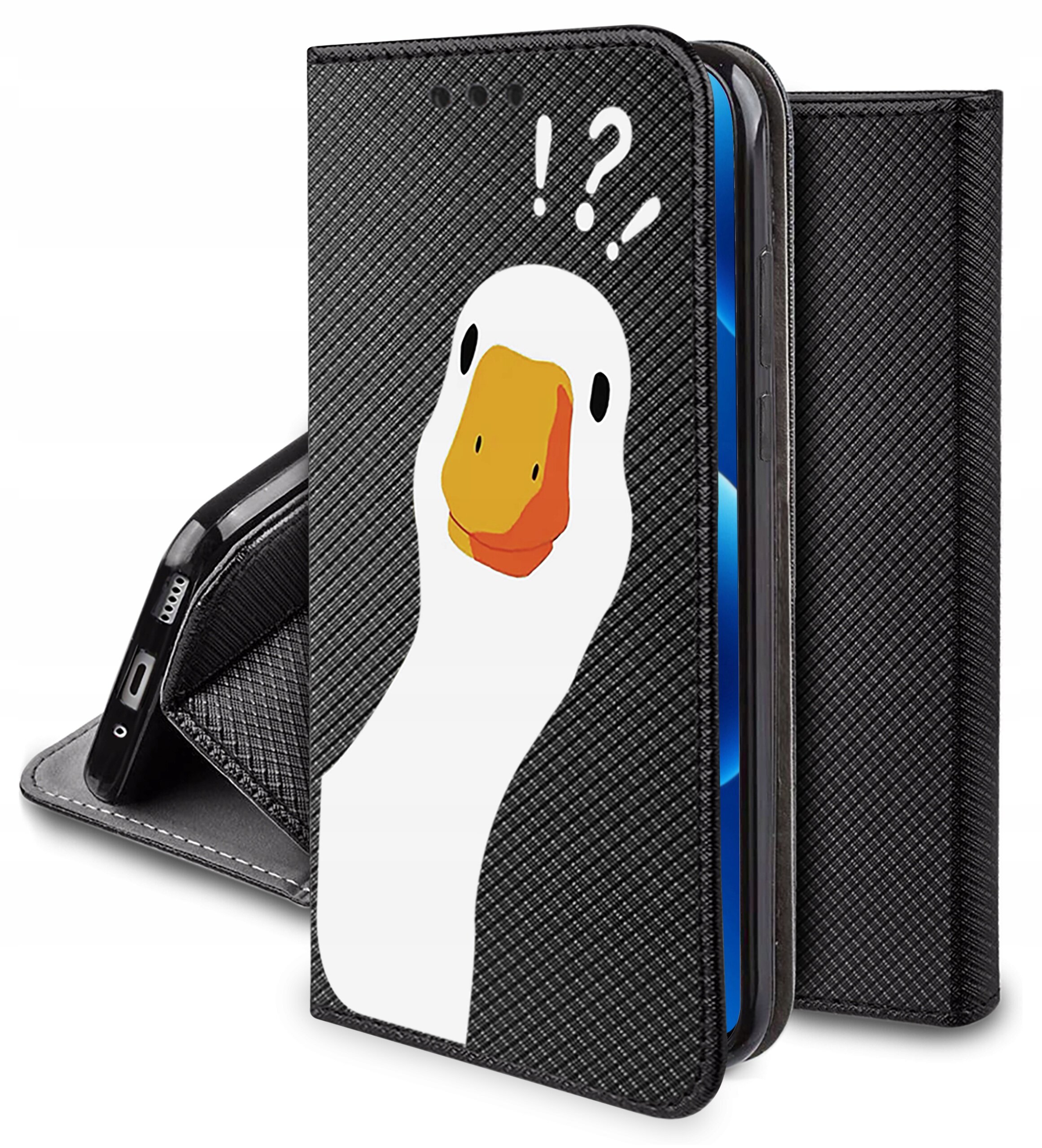 Etui na telefon z czarnym wzorem i nadrukiem białej kaczki z pomarańczowym dziobem oraz znakami zapytania i wykrzyknika nad głową. Etui ma funkcję portfela i magnetyczne zamknięcie.