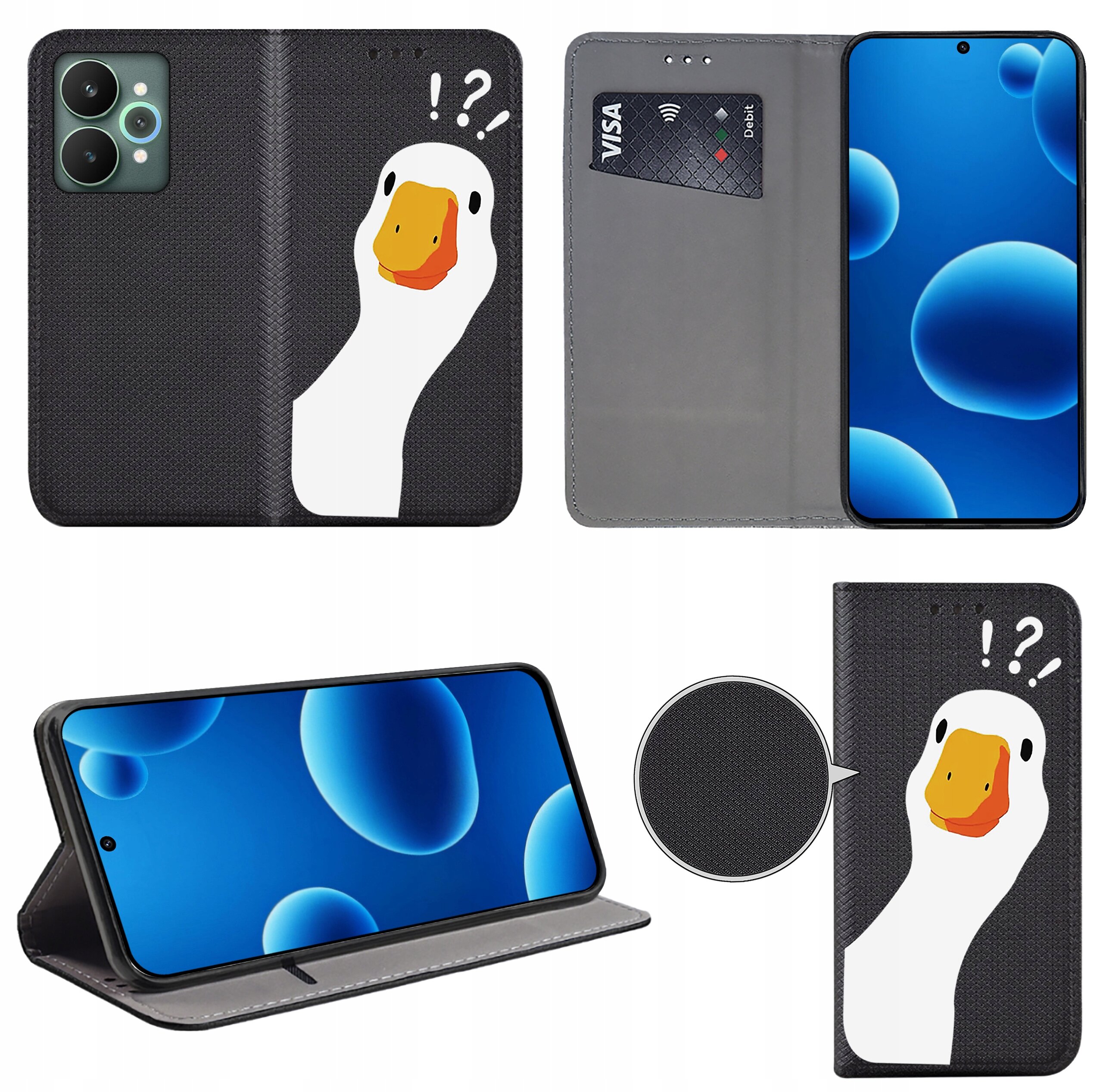 Etui na telefon z grafiką przedstawiającą białą kaczkę z pomarańczowym dziobem na czarnym tle, z symbolami wykrzyknika i pytajnika. Wewnątrz etui znajduje się miejsce na kartę płatniczą z widocznym napisem \'VISA\'.
