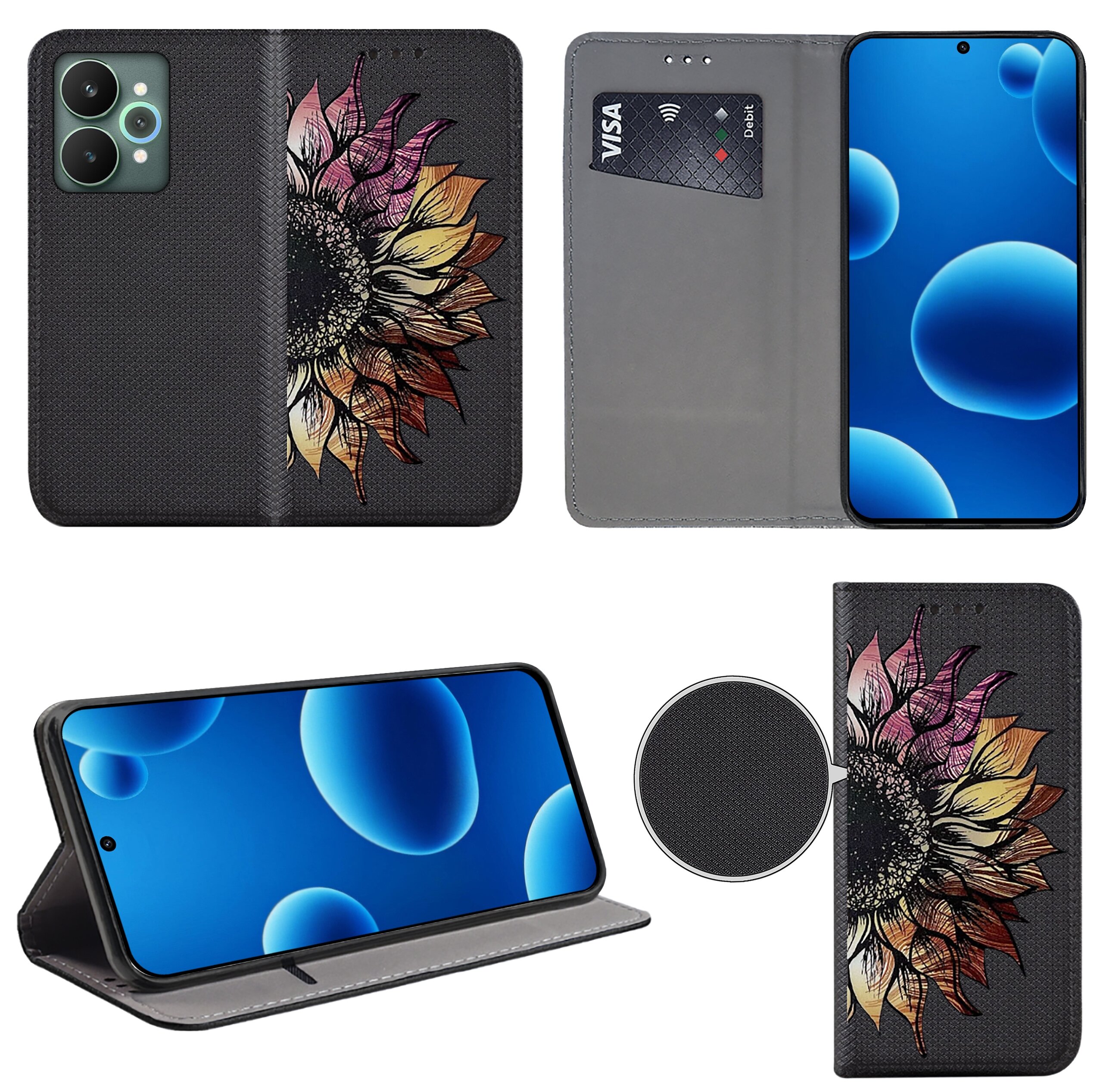 Etui na telefon z motywem kolorowego kwiatu, posiada miejsce na kartę płatniczą z widocznym napisem \'VISA debit\'. Etui można ustawić w pozycji stojącej, a jego wnętrze jest szare.
