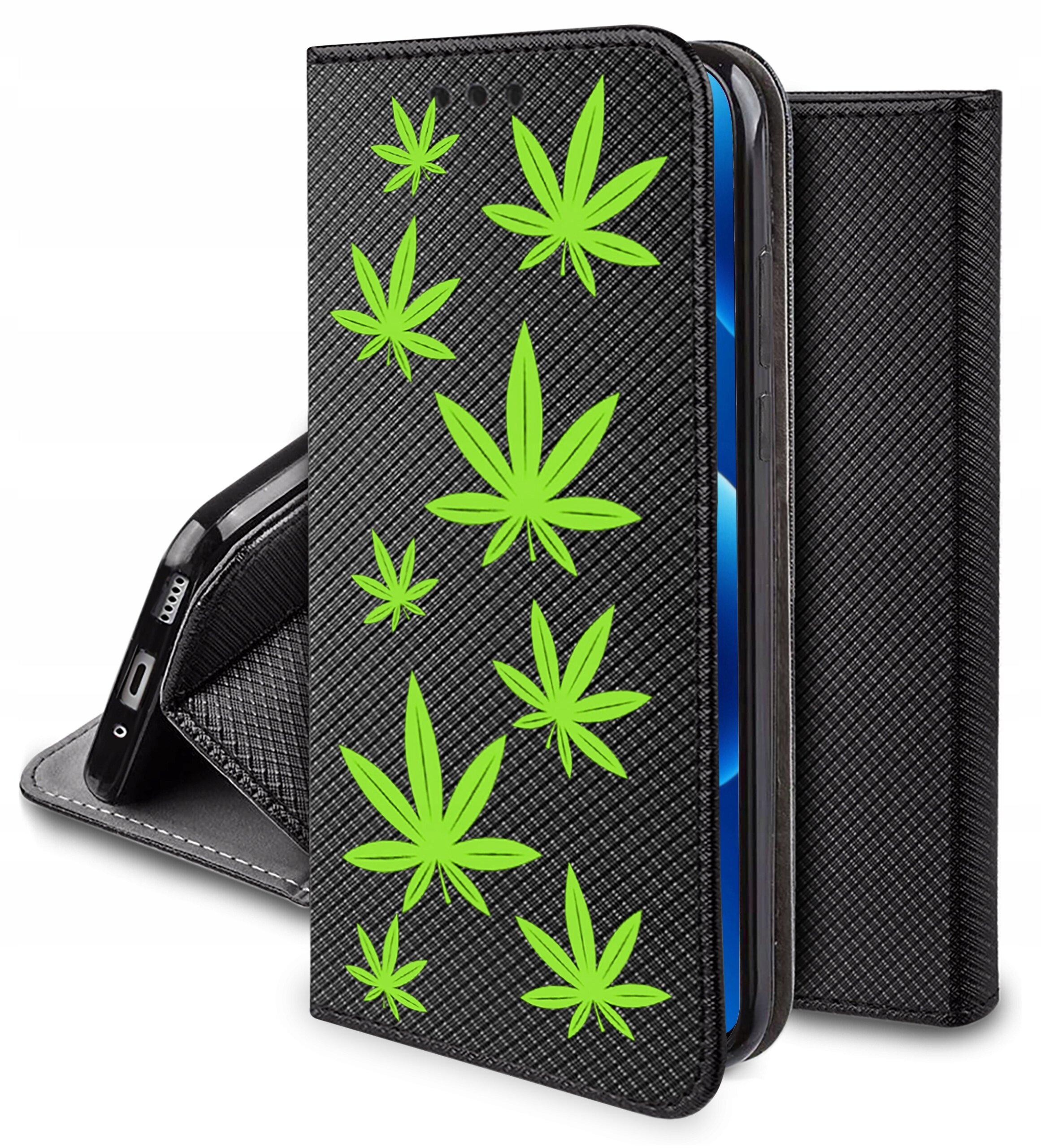 Czarne etui na telefon z zielonymi wzorami liści na powierzchni. Etui ma strukturę przypominającą tkaninę i funkcję portfela.