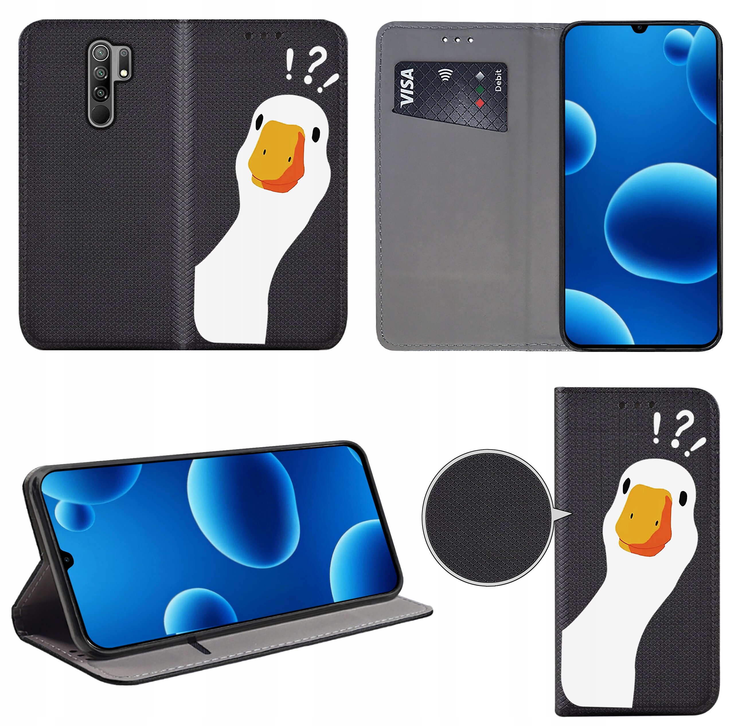 Etui na telefon z motywem kaczki na czarnym tle, z miejscem na kartę płatniczą wewnątrz. Etui pełni funkcję stojaka, a na ekranie telefonu widoczne są niebieskie bąbelki.