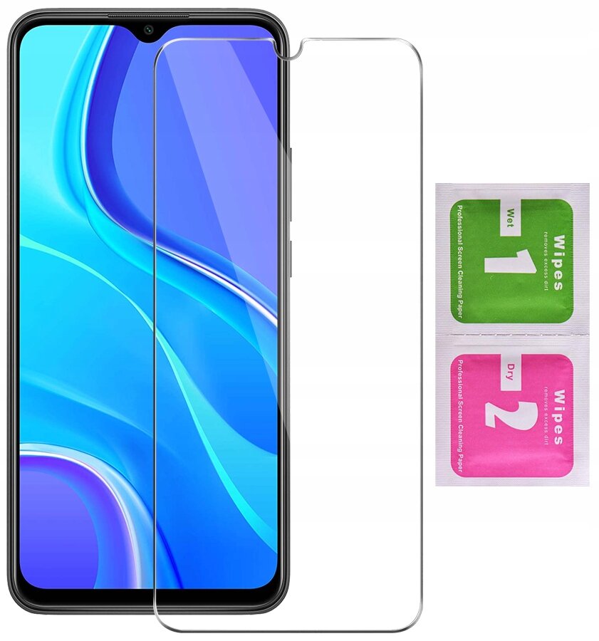 Obraz przedstawia telefon z nałożonym szkłem ochronnym oraz dwa opakowania chusteczek do czyszczenia oznaczone jako \'1 Wet\' i \'2 Dry\'.