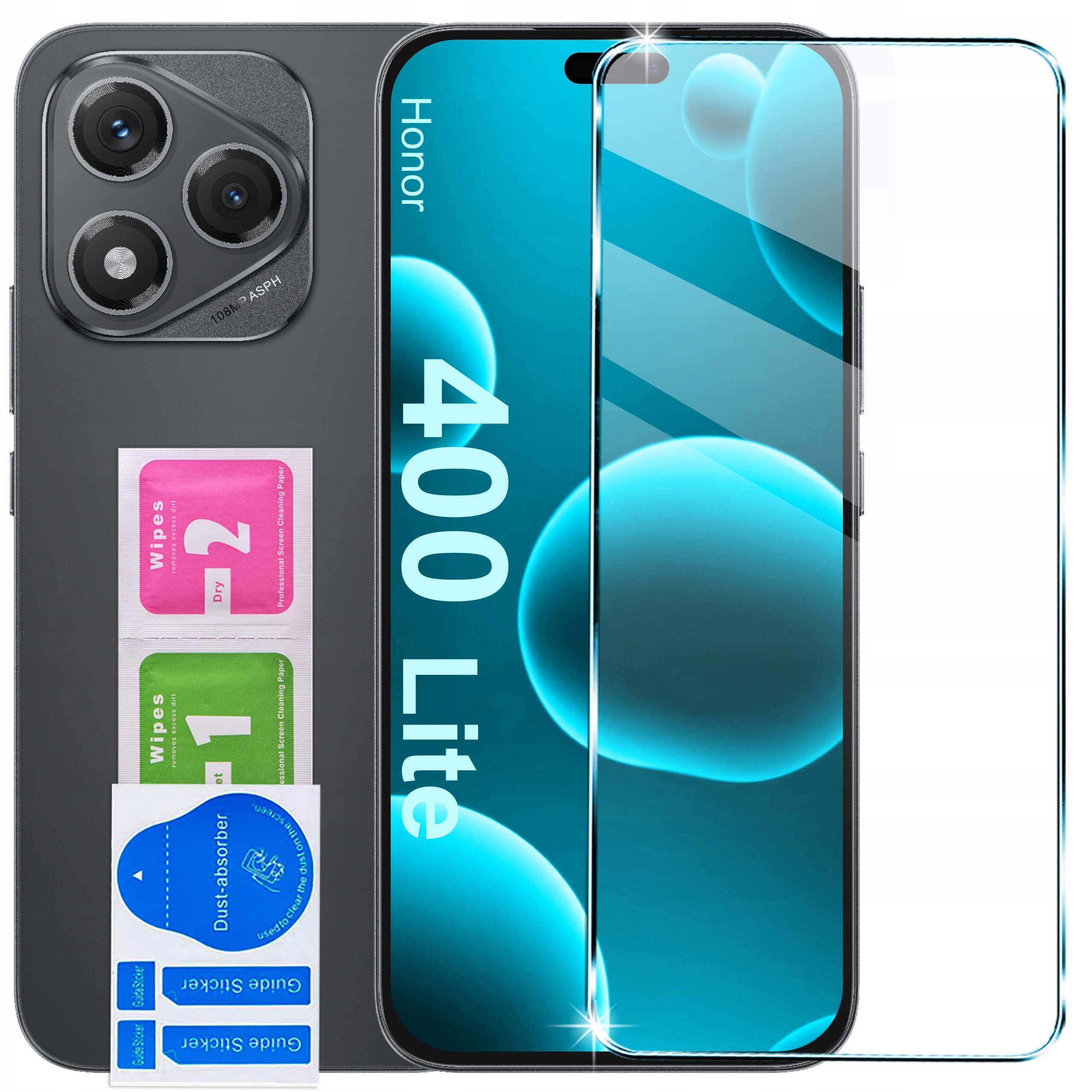 Na obrazie widoczny jest telefon z napisem \'Honor 400 Lite\' na ekranie oraz zestaw akcesoriów, w tym szkło ochronne i ściereczki do czyszczenia oznaczone jako \'Wipes 1\' i \'Wipes 2\'.