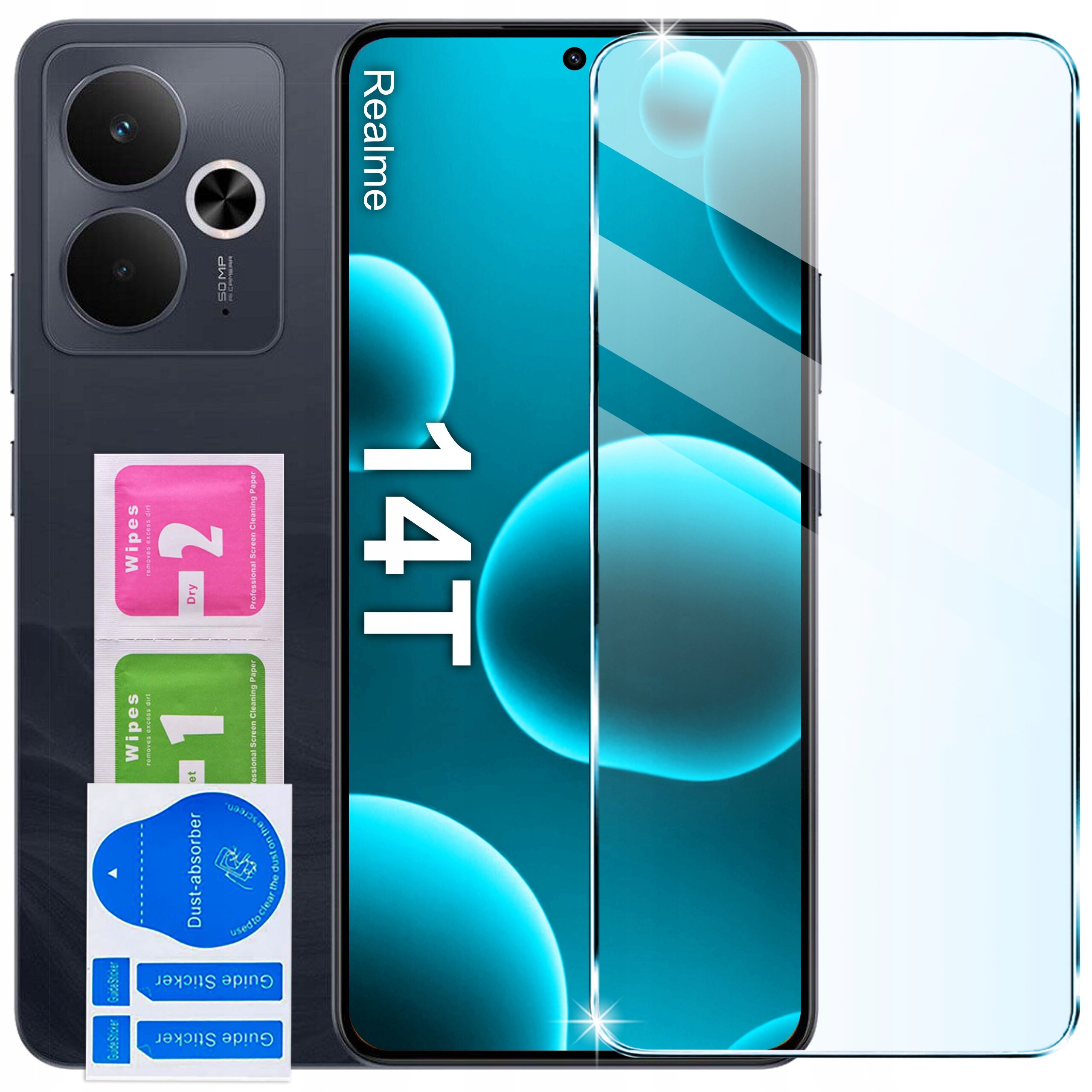 Obraz przedstawia telefon Realme 14T z nałożonym szkłem ochronnym 9H. Obok znajdują się dwie ściereczki do czyszczenia oznaczone jako \'Wipes 1\' i \'Wipes 2\' oraz naklejki \'Dust-absorber\'.