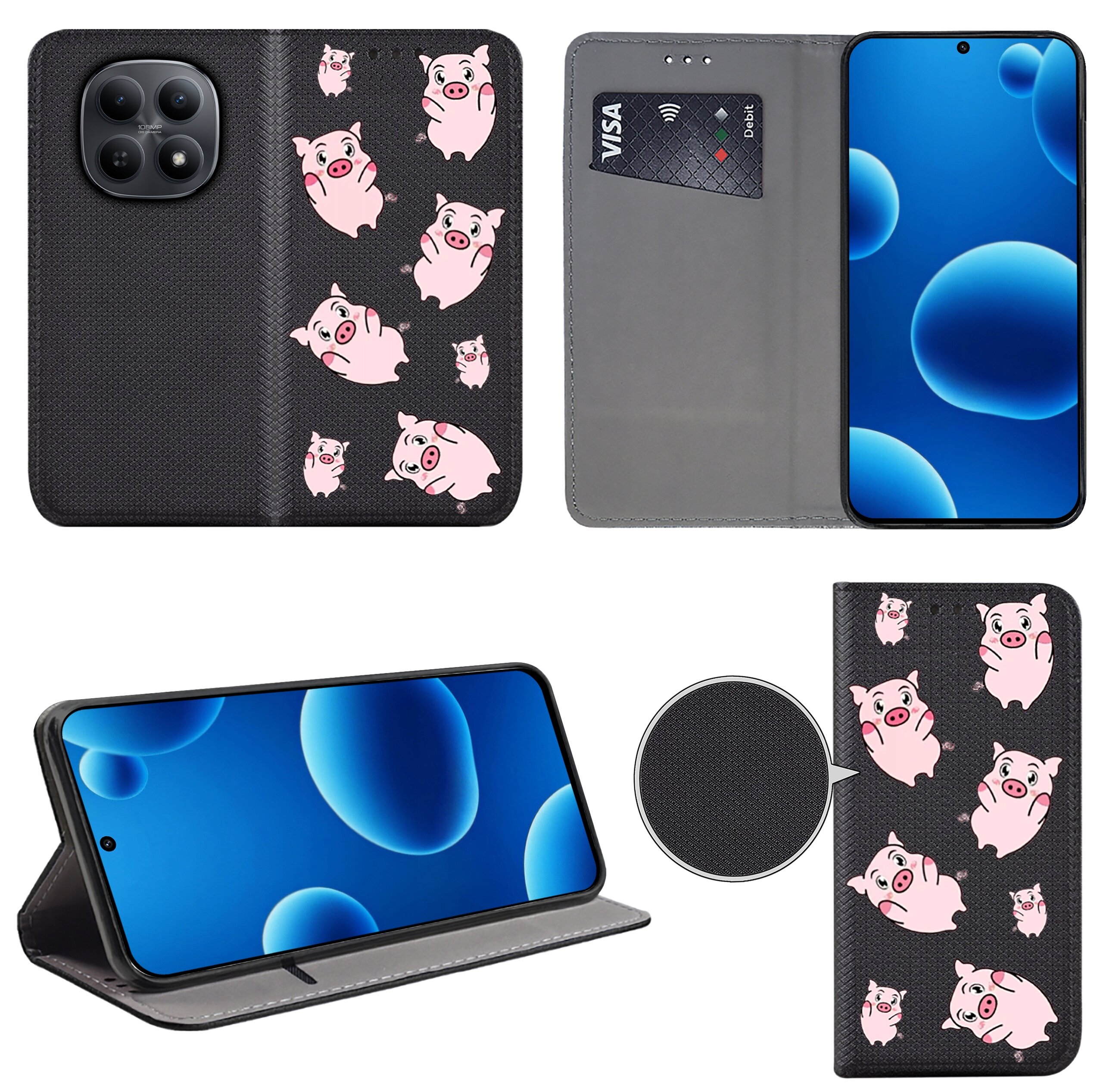 Etui do telefonu z motywem różowych świnek na czarnym tle, posiada funkcję portfela z miejscem na kartę płatniczą. Telefon w etui wyświetla niebieski ekran z okrągłymi kształtami.