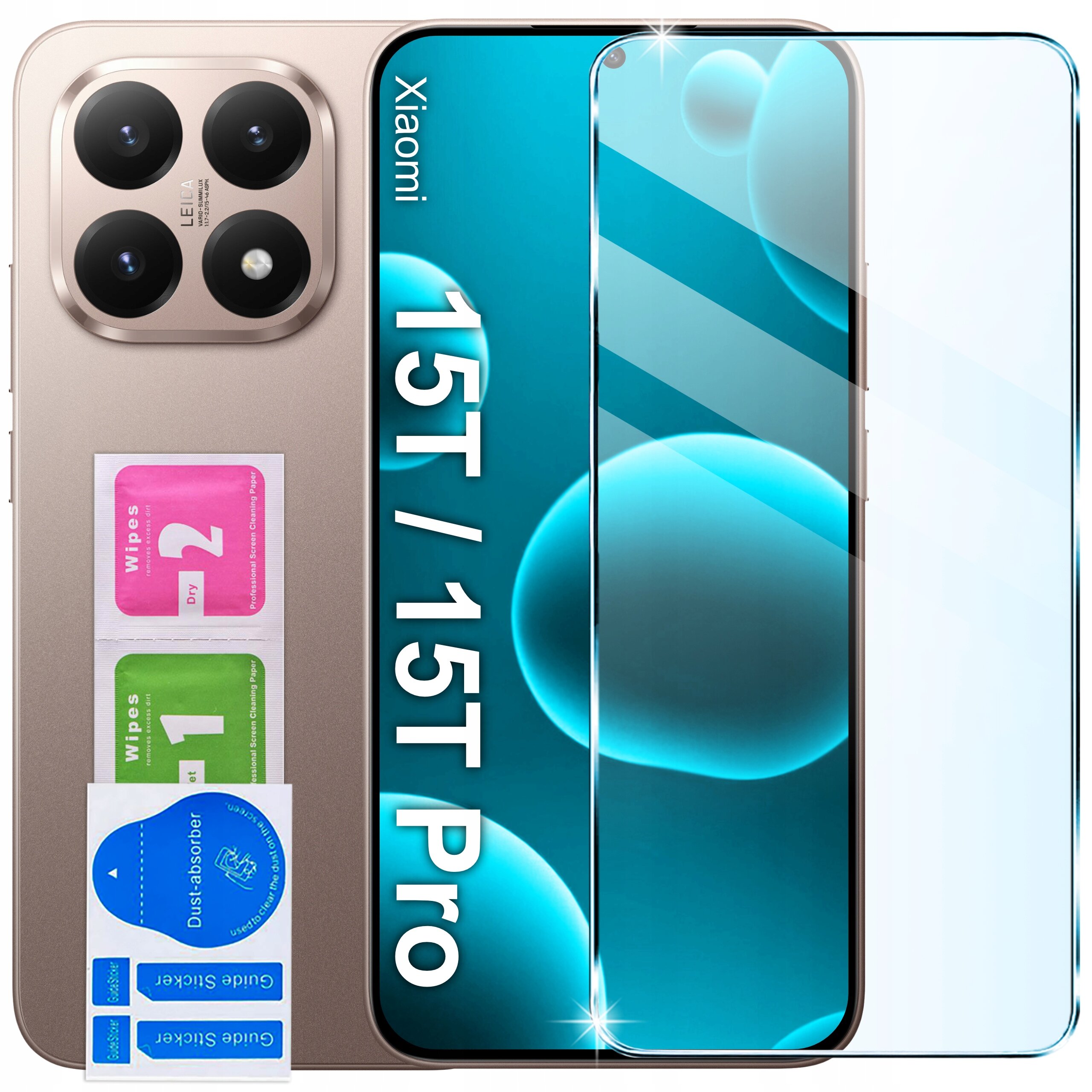 Obraz przedstawia etui do telefonu Xiaomi 15T Pro 5G z magnetycznym wzorem oraz szkłem ochronnym 9H. Widoczne są również akcesoria do czyszczenia ekranu oznaczone jako \'Wipes 1\' i \'Wipes 2\'.
