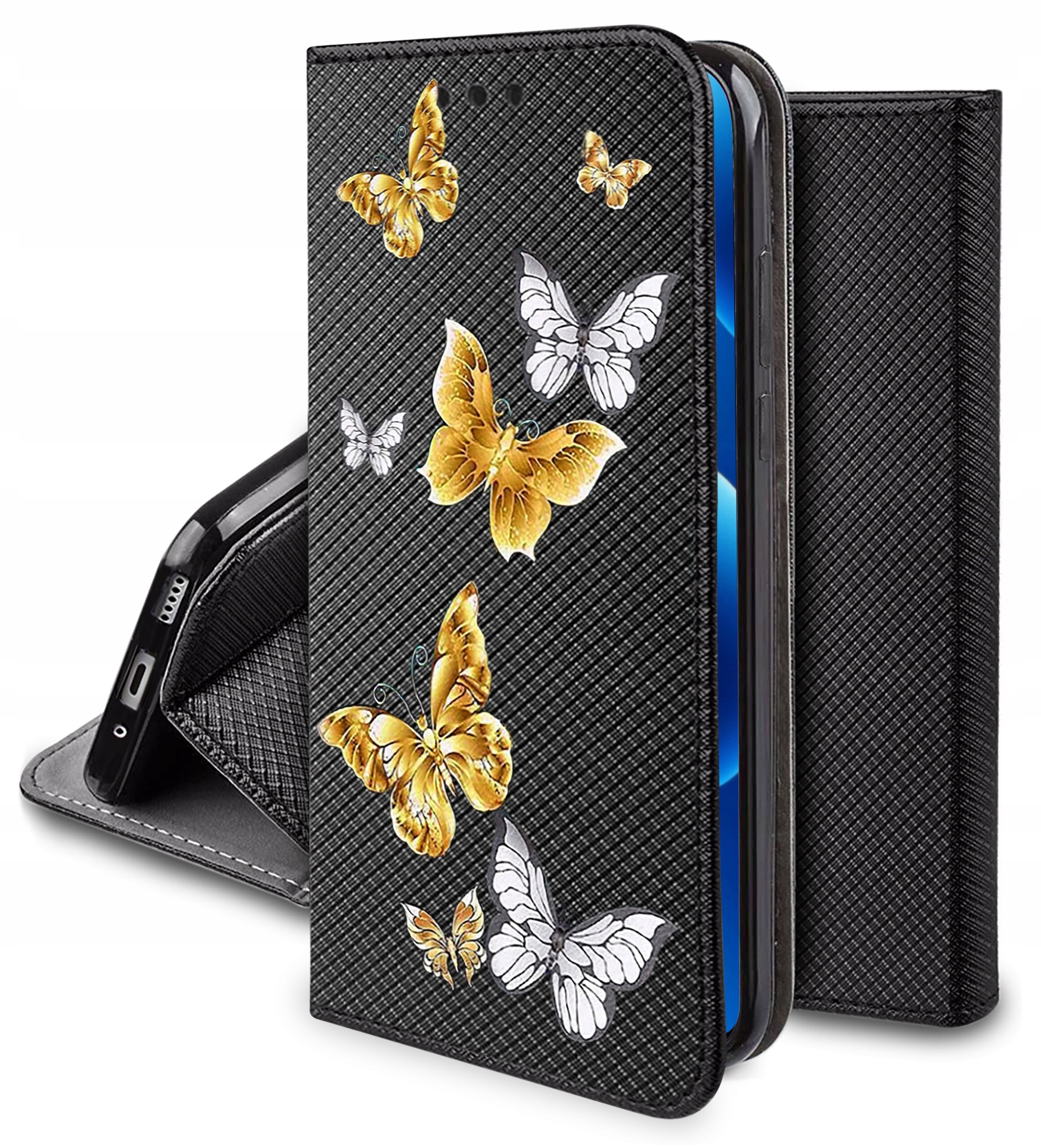 Etui na telefon z czarnym wzorem i motywem kolorowych motyli. Etui ma funkcję portfela i jest otwarte, ukazując wnętrze z miejscem na telefon.