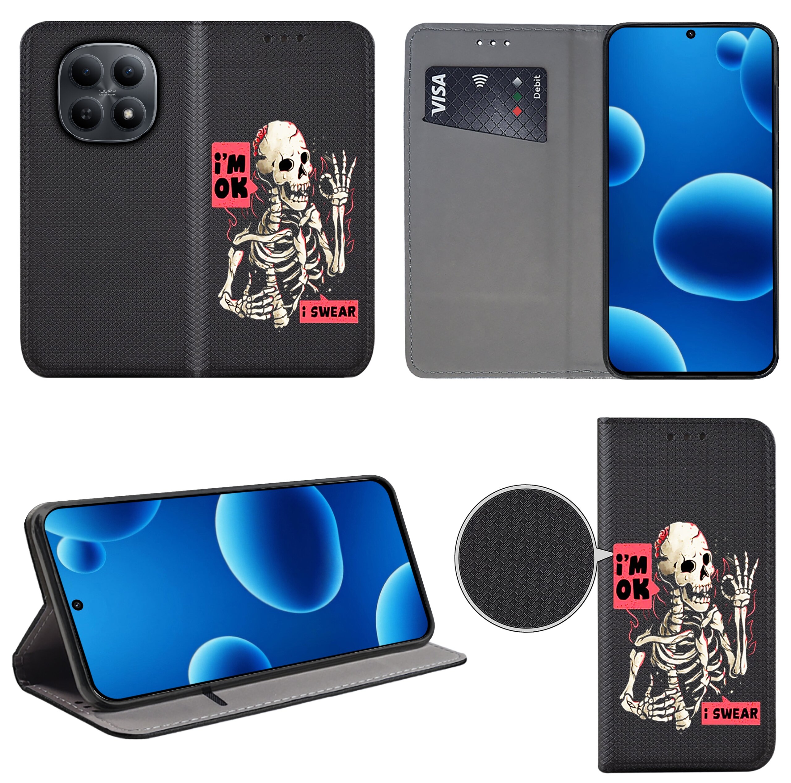 Etui na telefon z grafiką szkieletu i napisami \'i\'m OK\' oraz \'i SWEAR\'. Wewnątrz znajduje się miejsce na kartę płatniczą z widocznym napisem \'VISA\'.