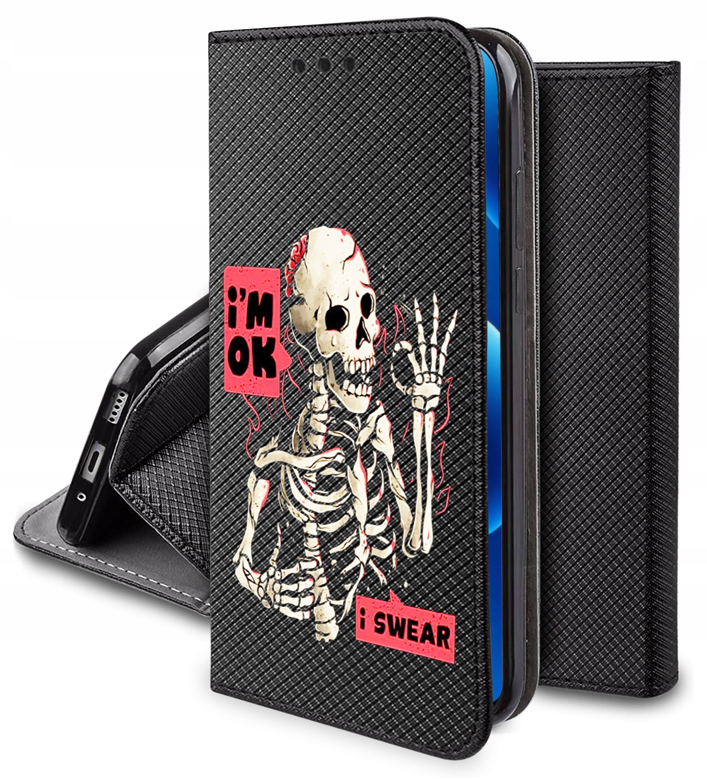 Etui na telefon z czarną teksturą, ozdobione grafiką szkieletu oraz napisami \'i\'m OK\' i \'i SWEAR\' na czerwonym tle.