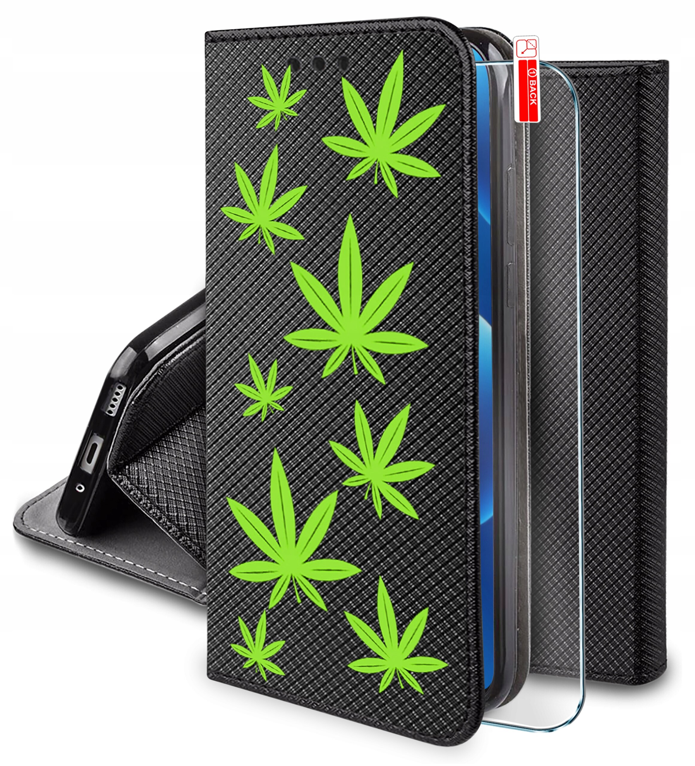Czarne etui z zielonymi wzorami przypominającymi liście, przeznaczone do telefonu, z widocznym szkłem ochronnym. Na szkło naklejona jest czerwona etykieta z napisem \'OB BACK\'.