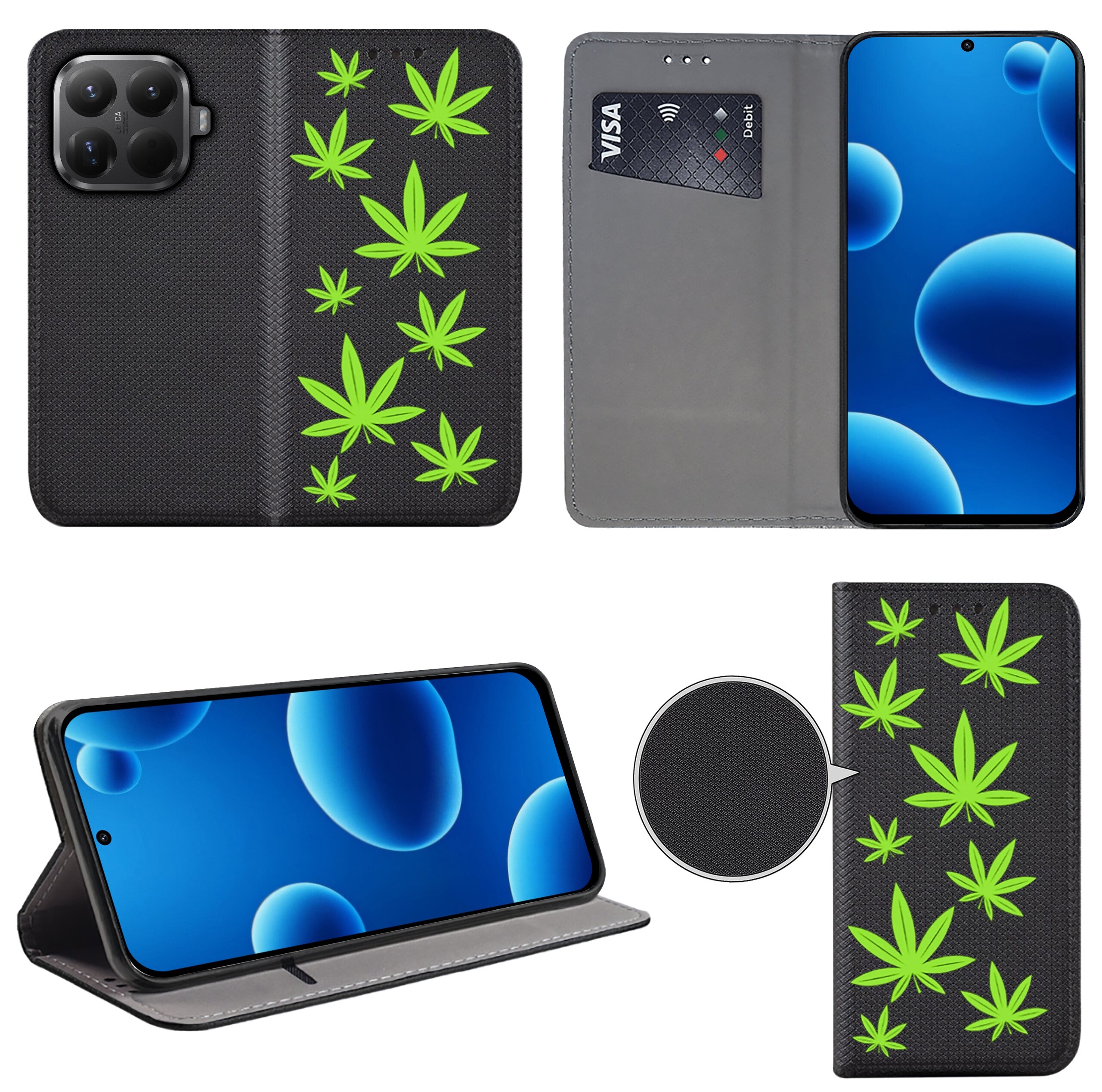 Etui na telefon z czarnym tłem ozdobione zielonymi wzorami przypominającymi liście. Wewnątrz znajduje się miejsce na kartę płatniczą z widocznym napisem \'VISA\'.