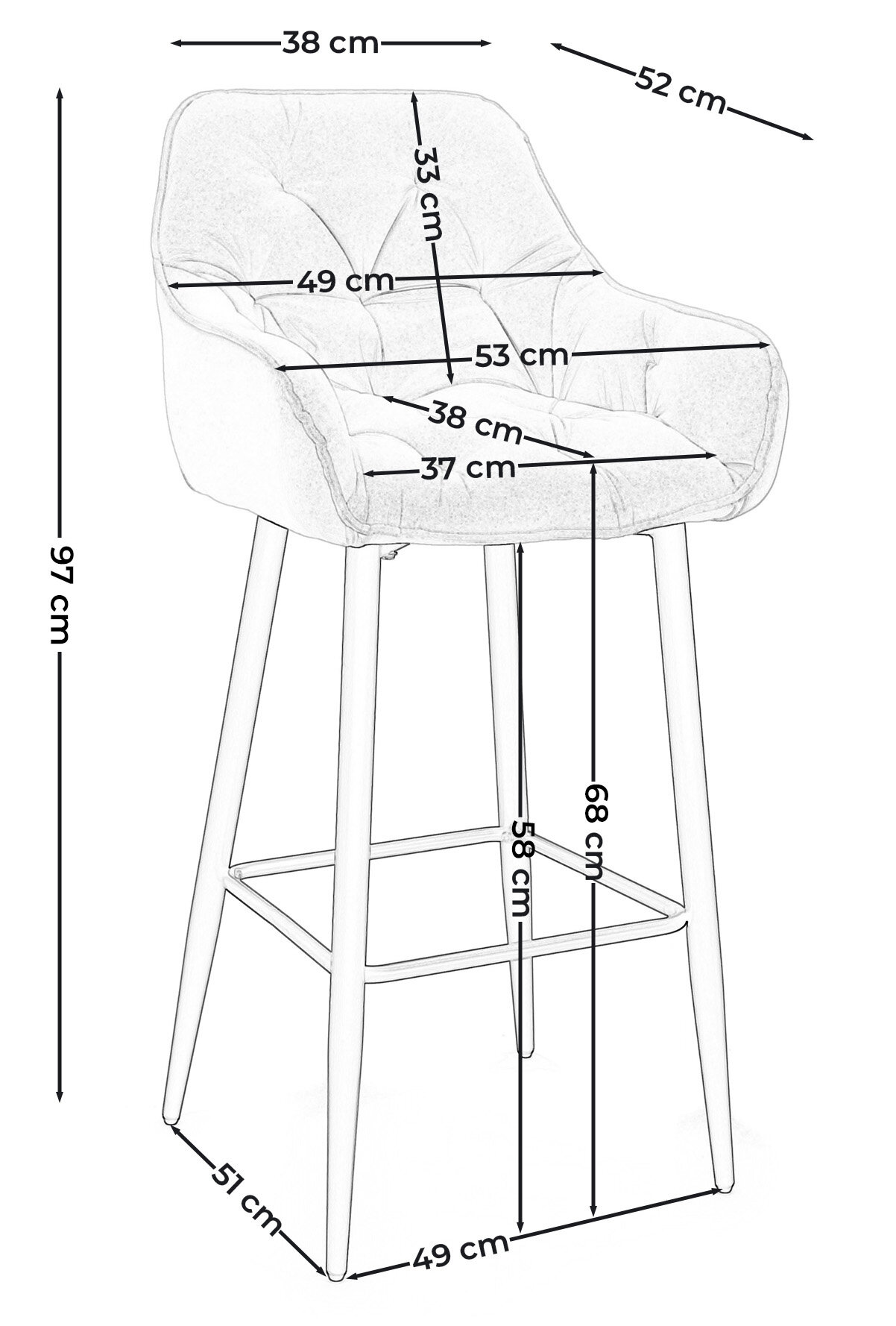 Szkic hokera tapicerowanego welurowego z wymiarami: wysokość 97 cm, szerokość siedziska 53 cm, głębokość siedziska 38 cm. Wysokość siedziska od podłogi wynosi 68 cm, a szerokość podstawy 49 cm.
