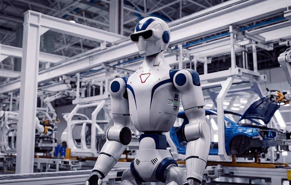 Robot humanoidalny stoi na rękach na środku jasnego korytarza z powtarzającymi się białymi łukami