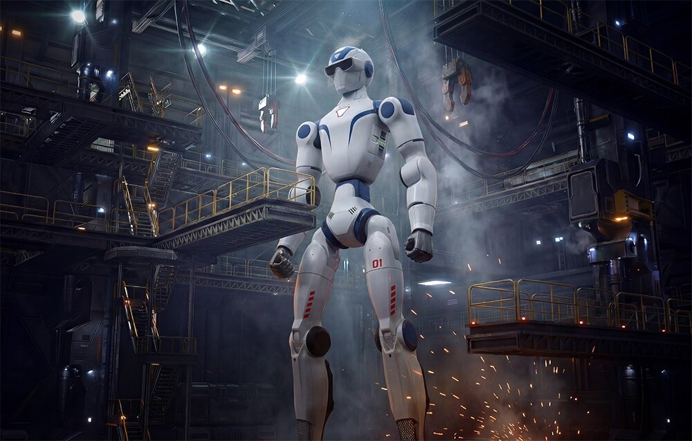 Robot humanoidalny stoi na jednej nodze, wykonując wysokie kopnięcie przed dużym namiotem