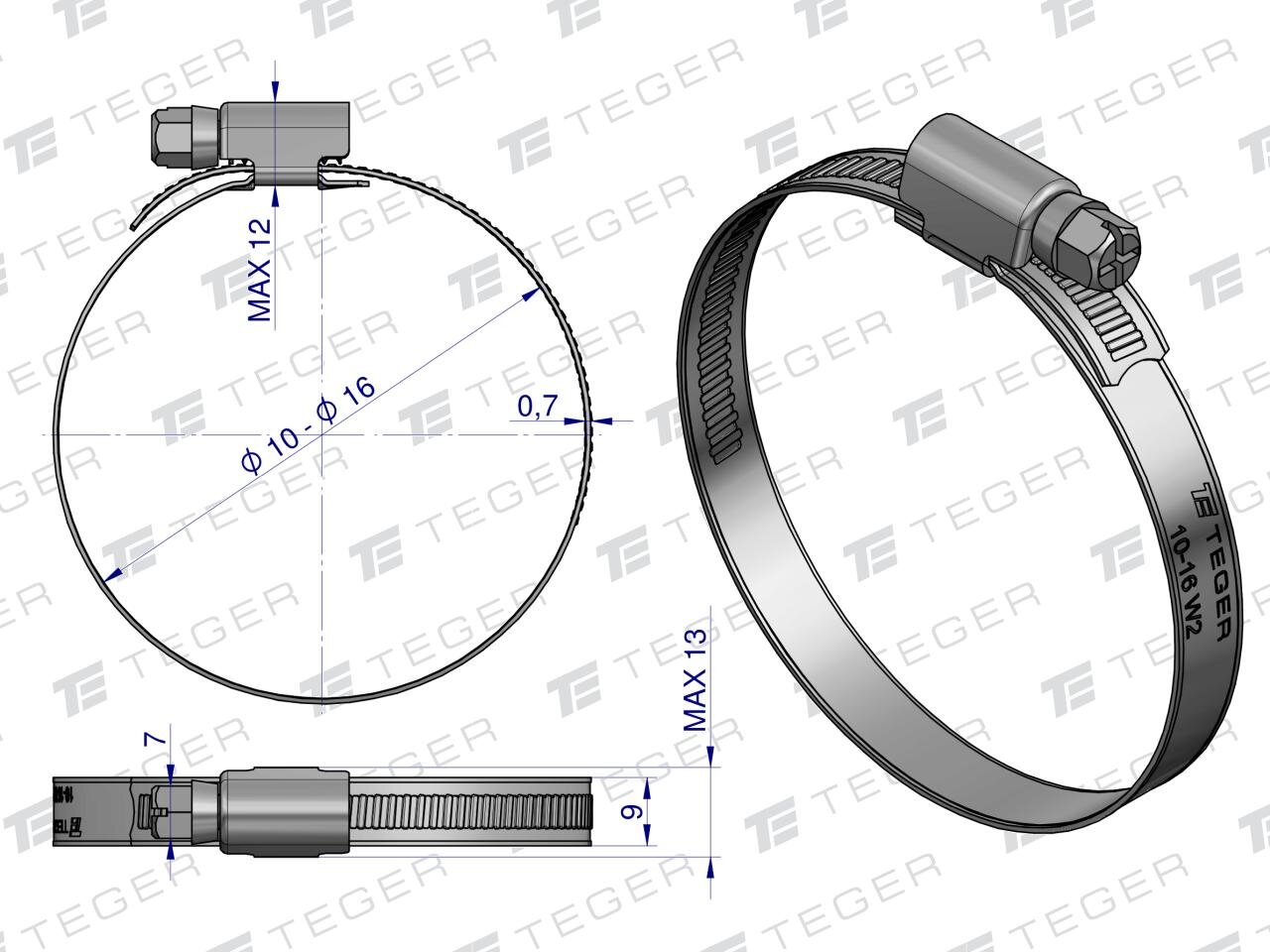 Rysunek techniczny opaski zaciskowej z oznaczeniami wymiarów: średnica 20-32 mm, szerokość 9 mm. Widoczne logo TEGER oraz oznaczenie 20-32 W2.