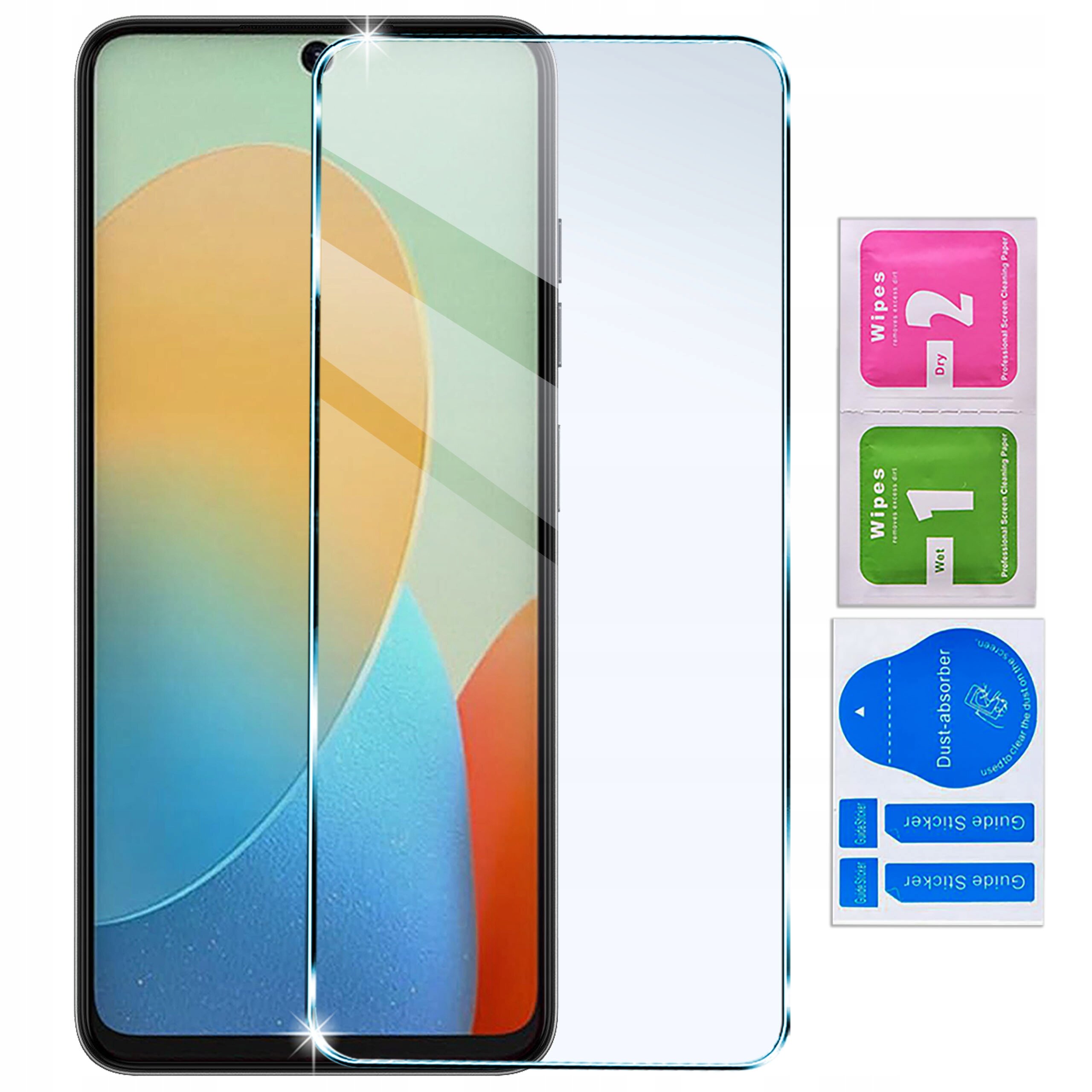 Na obrazie widoczny jest telefon z nałożonym szkłem ochronnym, obok znajdują się trzy saszetki z napisami: \'Wipes 2 Dry\', \'Wipes 1 Wet\' oraz \'Dust absorber\'.