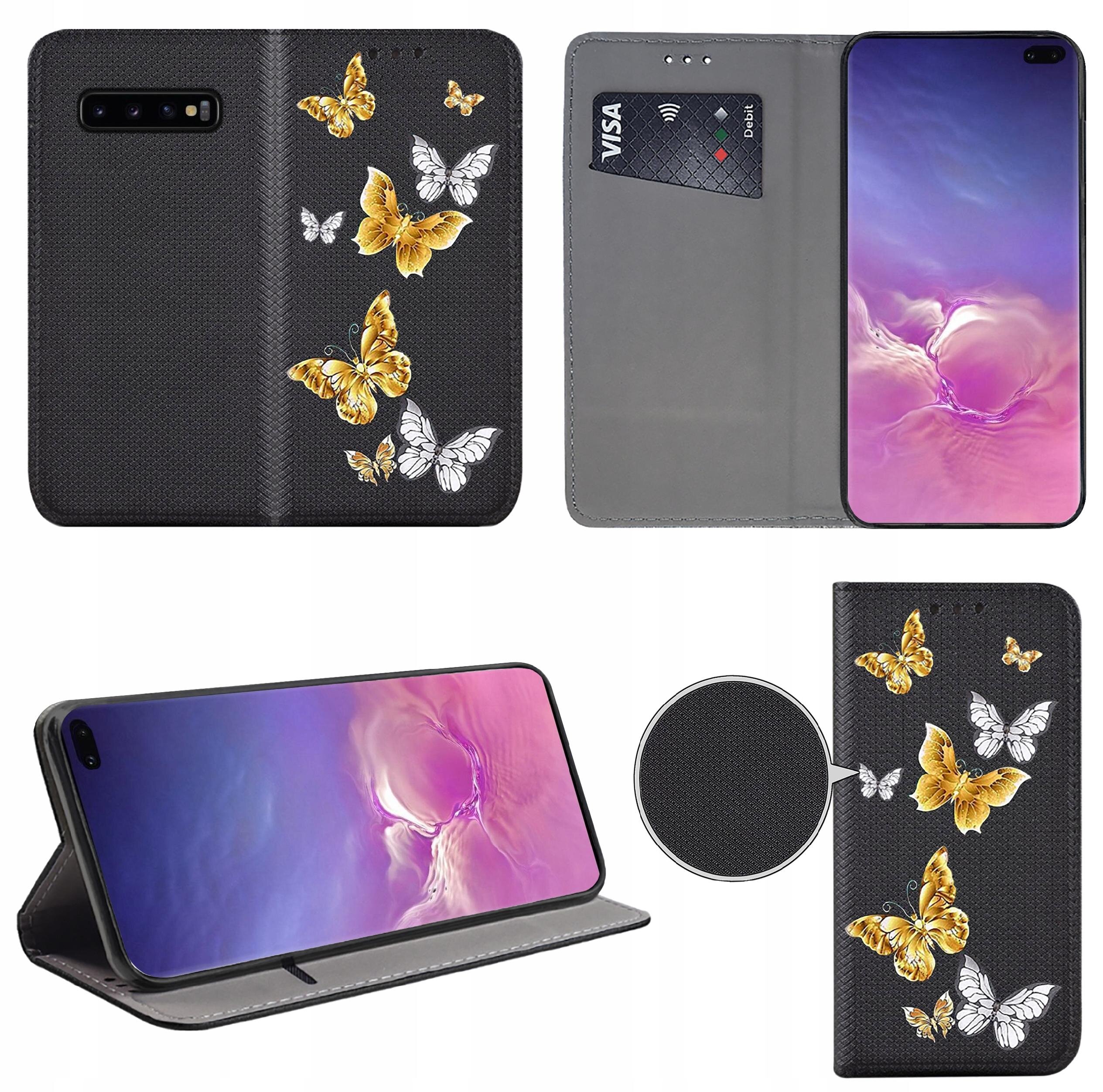 Etui do telefonu z motywem motyli w kolorach złotym i białym na czarnym tle. Wewnątrz znajduje się miejsce na kartę płatniczą z widocznym napisem \'VISA\'.