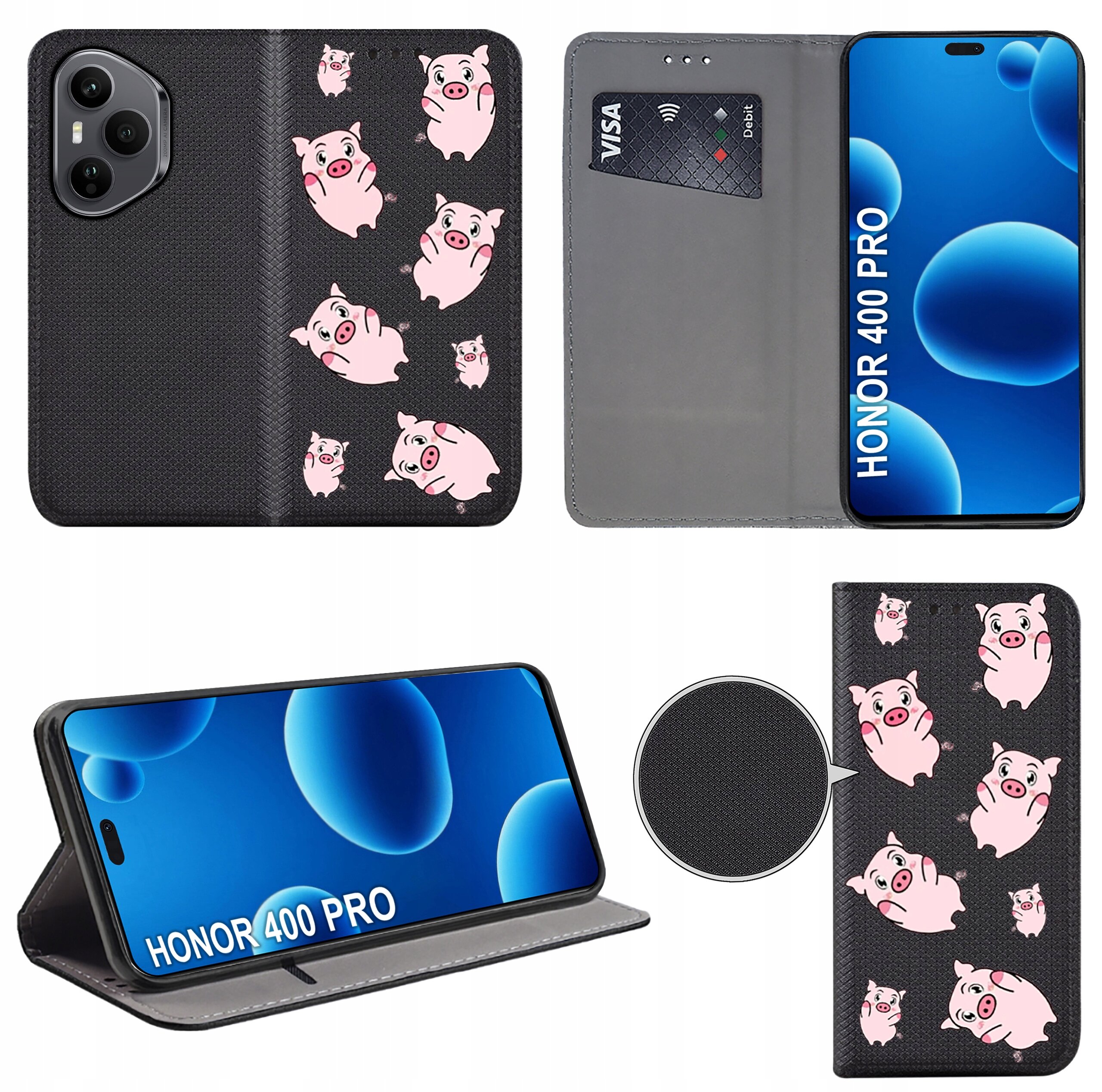 Etui na telefon z motywem różowych świnek na czarnym tle, z miejscem na kartę płatniczą. Telefon w etui wyświetla napis \'HONOR 400 PRO\'.