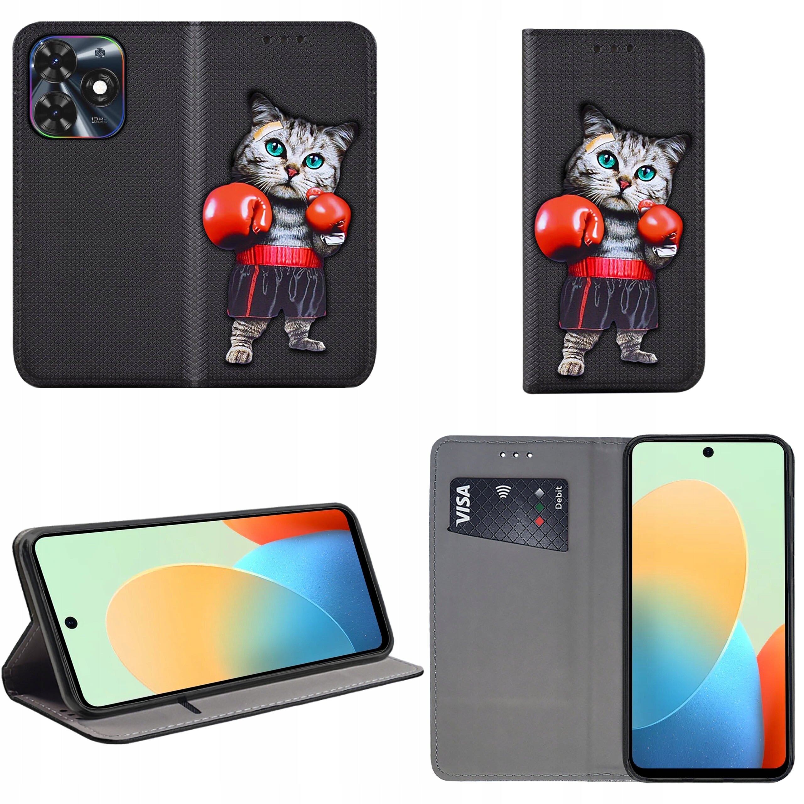 Etui na telefon z nadrukiem kota w rękawicach bokserskich, z funkcją stojaka i miejscem na kartę płatniczą. Wewnątrz znajduje się telefon z kolorowym ekranem.