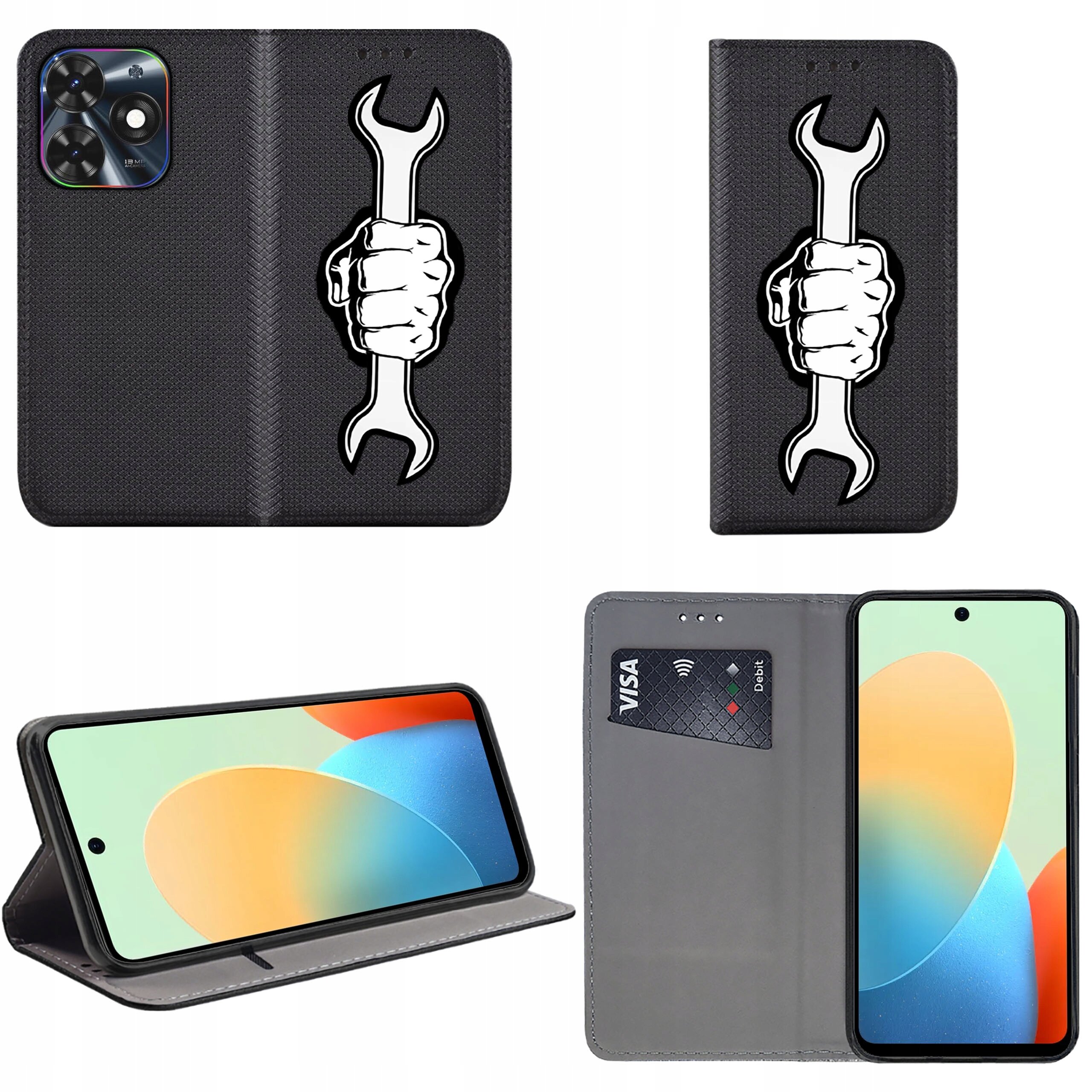 Obraz przedstawia czarne etui na telefon z nadrukiem dłoni trzymającej klucz. Etui ma funkcję stojaka i miejsce na kartę płatniczą z napisem \'VISA Debit\'.